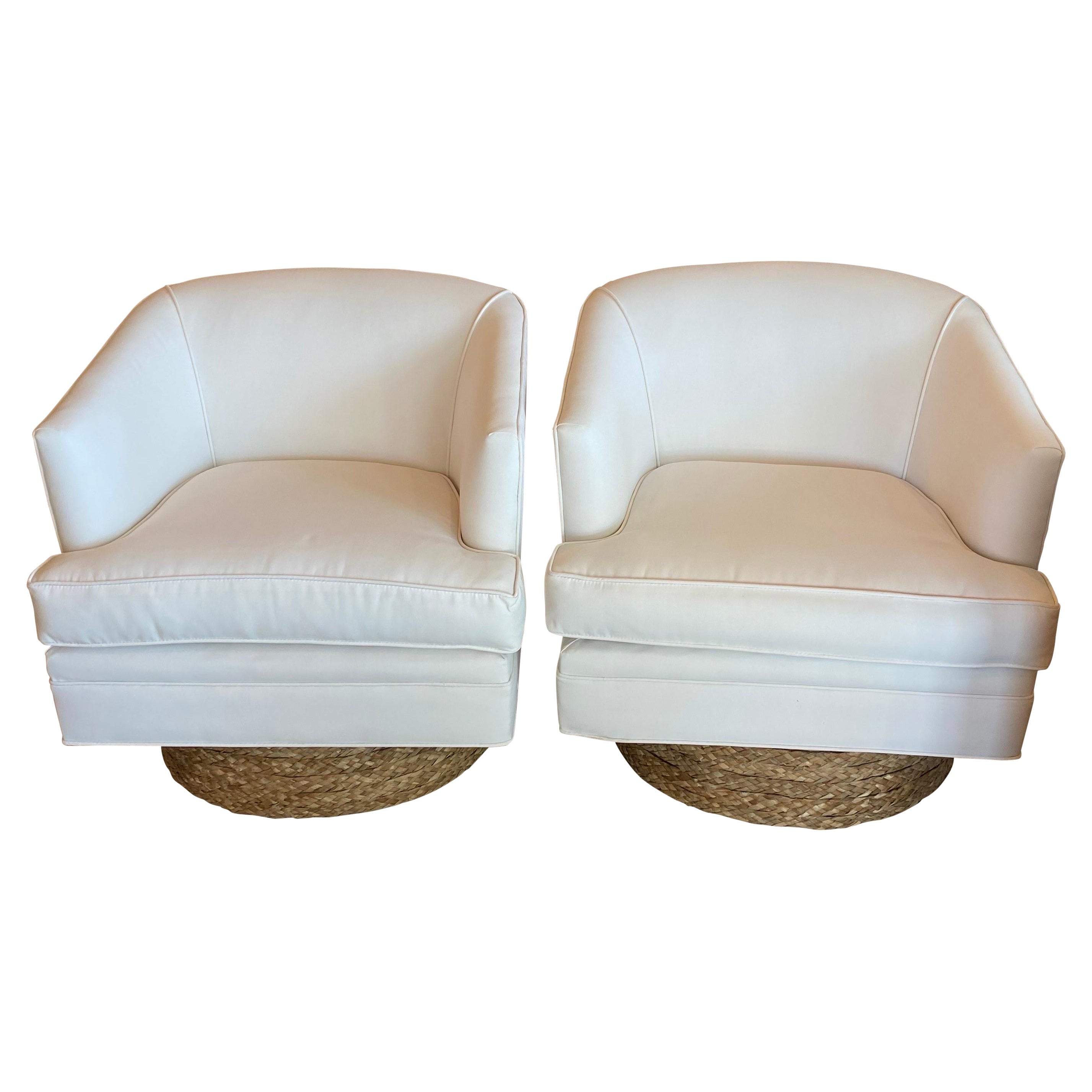 Pair of Barrel Swivel Chairs Newly Upholstered Sunbrella White Seagrass Base