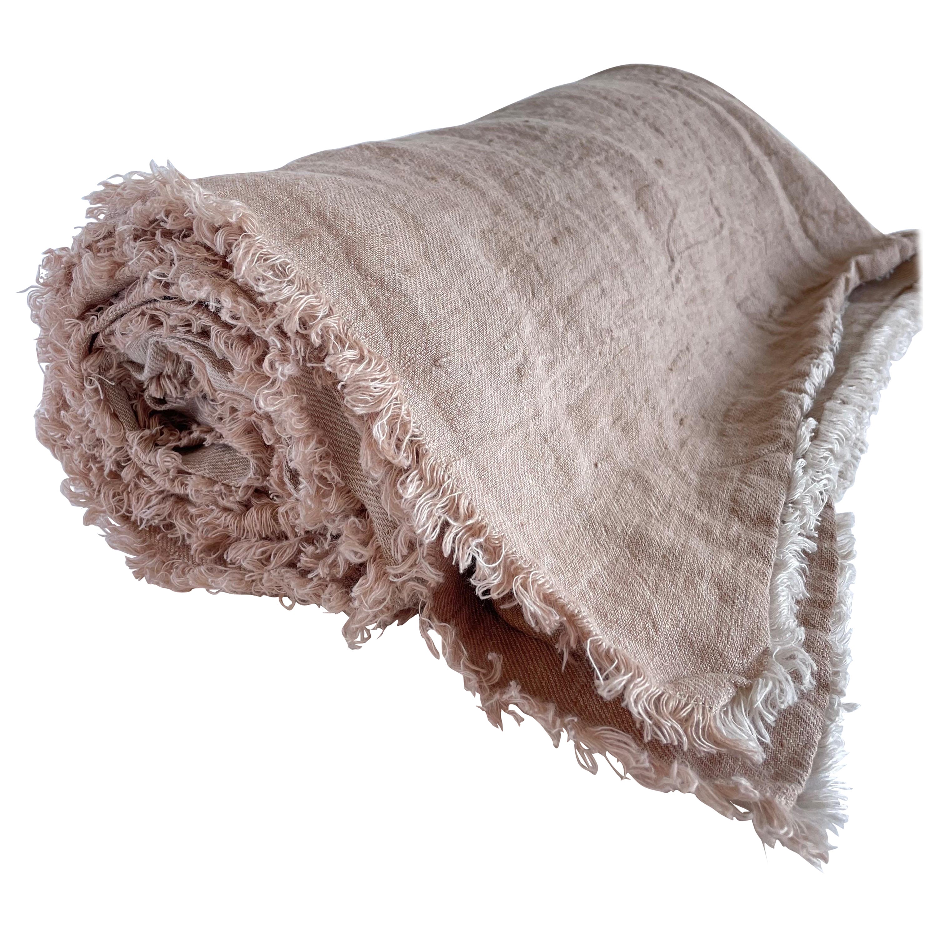 Stone Washed French Linen Throw in Nude Blush Color For Sale