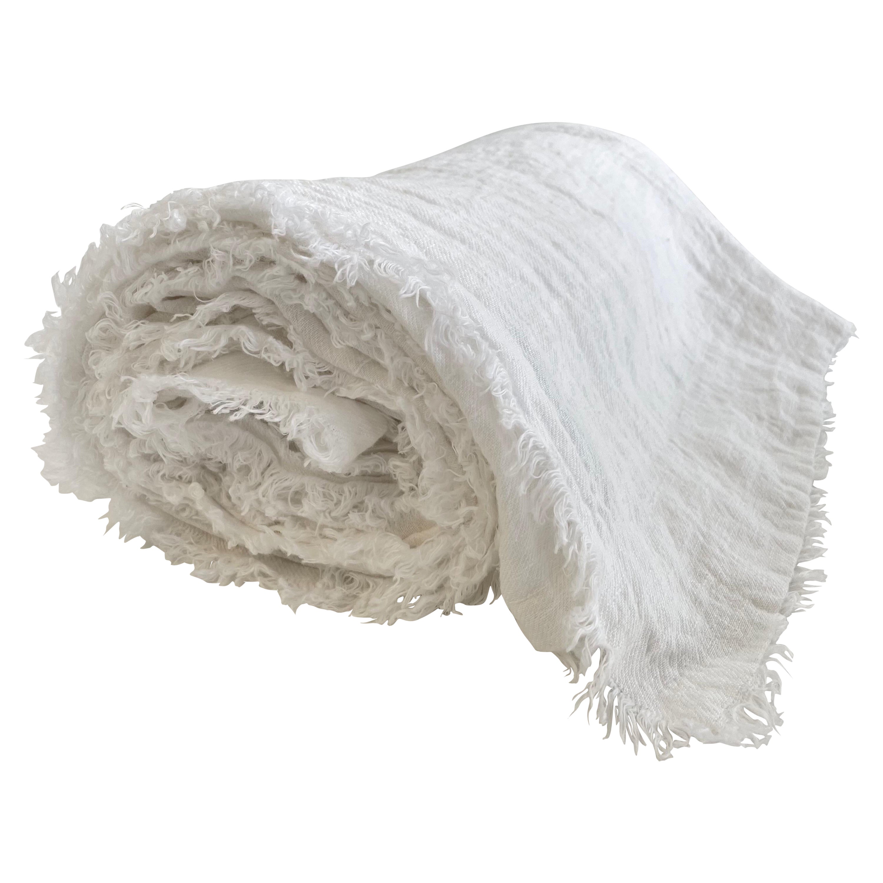 White Linen Throw with Decorative Frayed Edges For Sale