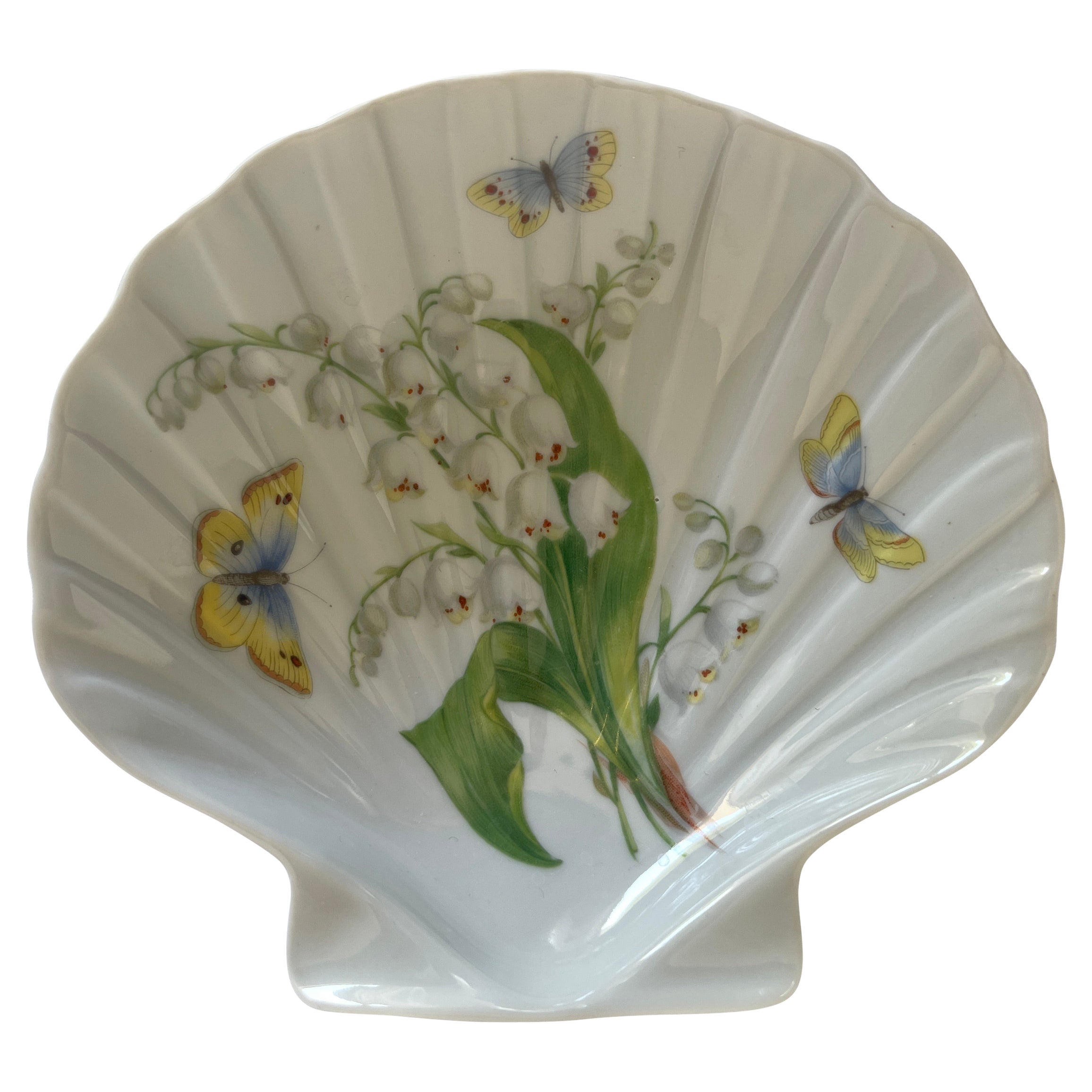 Limoges French Porcelain Sea Shell Dish W/ Hand Painted Lily-of-The-Valley Motif For Sale