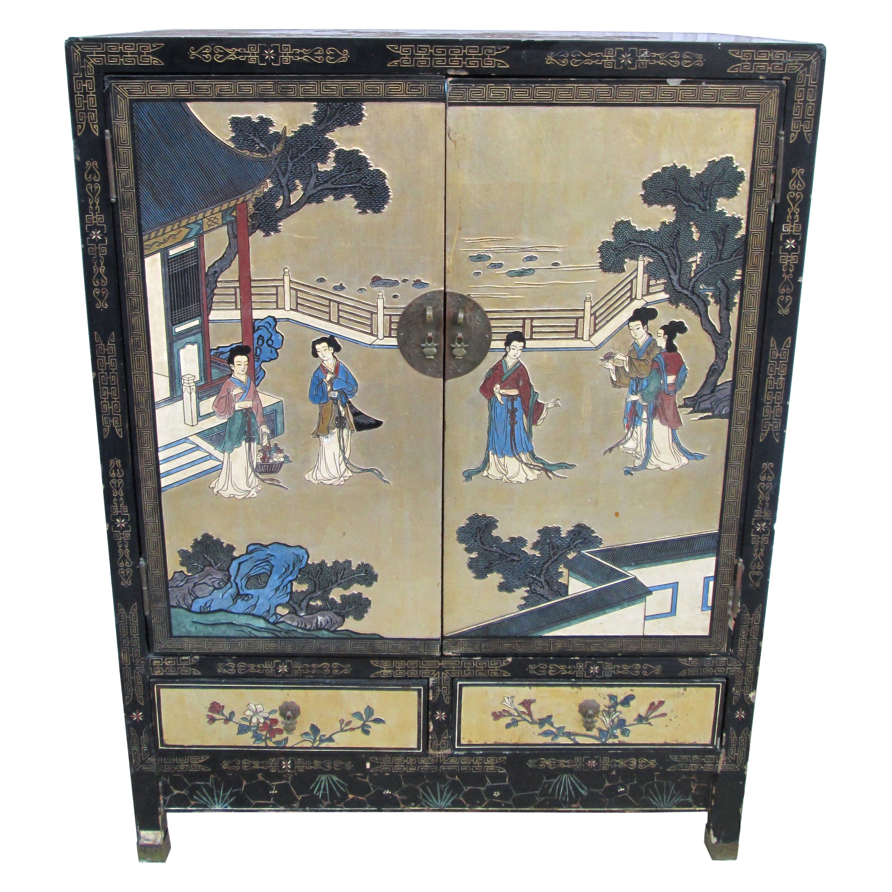 Antique Lacquer Enamel Gilt Coromandel Armoire or Wedding Cabinet For Sale