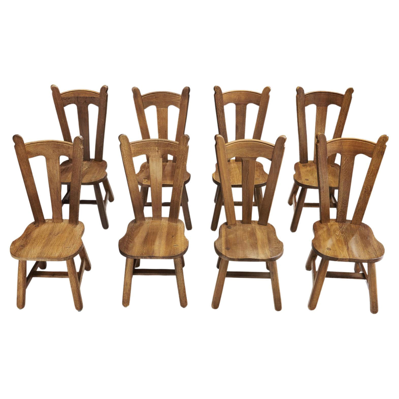 Set of Eight Belgian Brutalist Oak Dining Chairs, Belgium 1970s For Sale