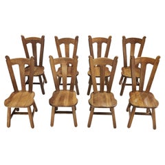 Set of Eight Belgian Brutalist Oak Dining Chairs, Belgium 1970s