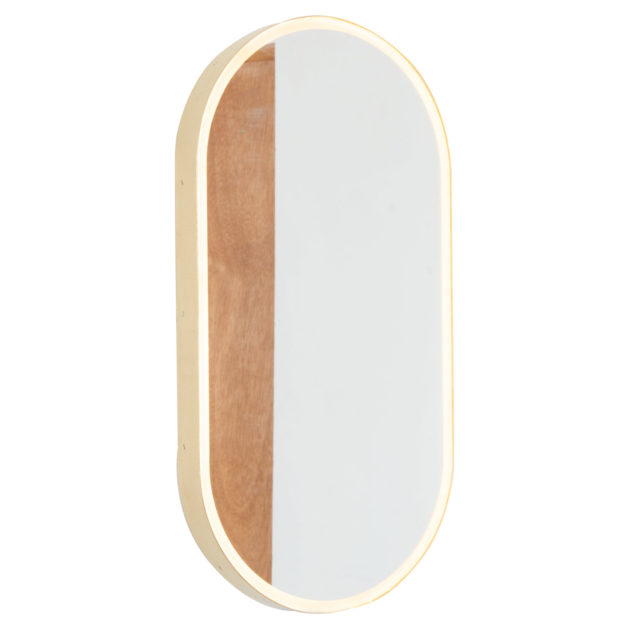 Capsula Illuminated Capsule Shape Modern Mirror with Brass Frame, Medium For Sale