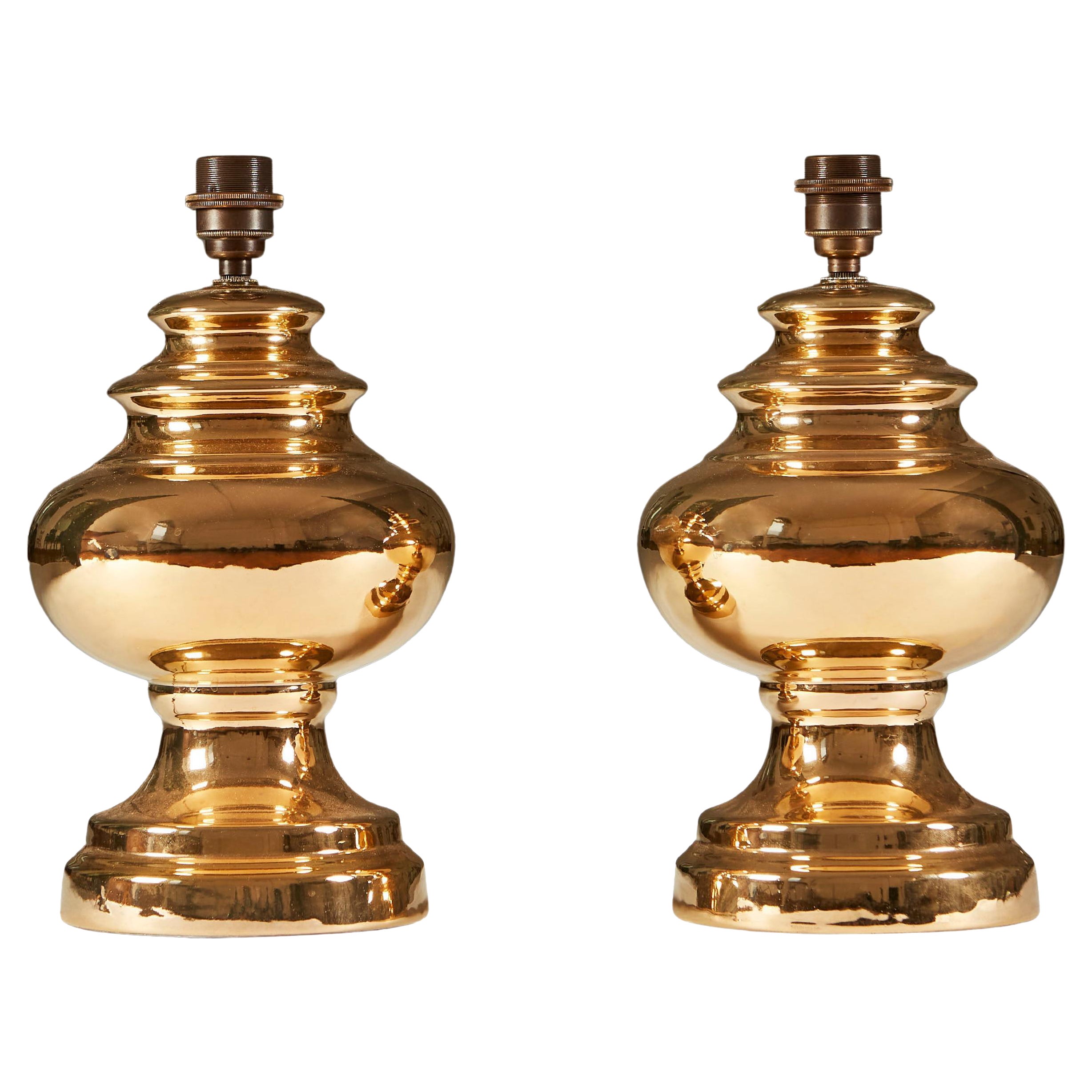 Pair of 1970s Swedish Gold Mirror Glaze Ceramic Sculpted Table Lamps For Sale