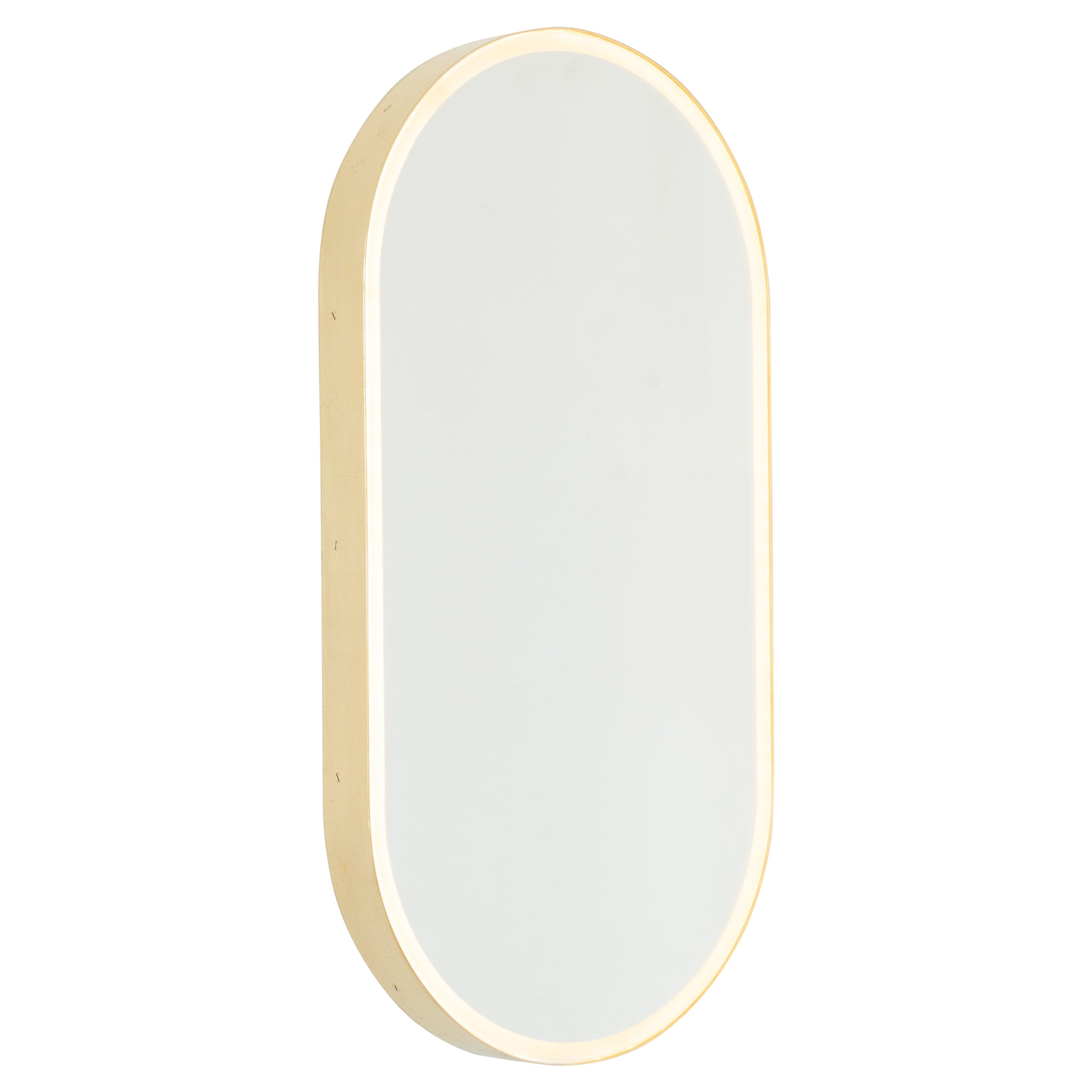 Capsula Illuminated Contemporary Pill Shaped Mirror with Brass Frame, XL For Sale
