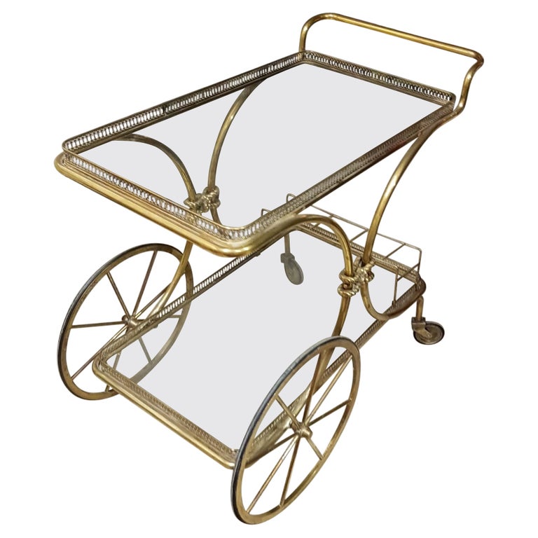 Plateau de bar à deux étagères en laiton à roulettes avec porte