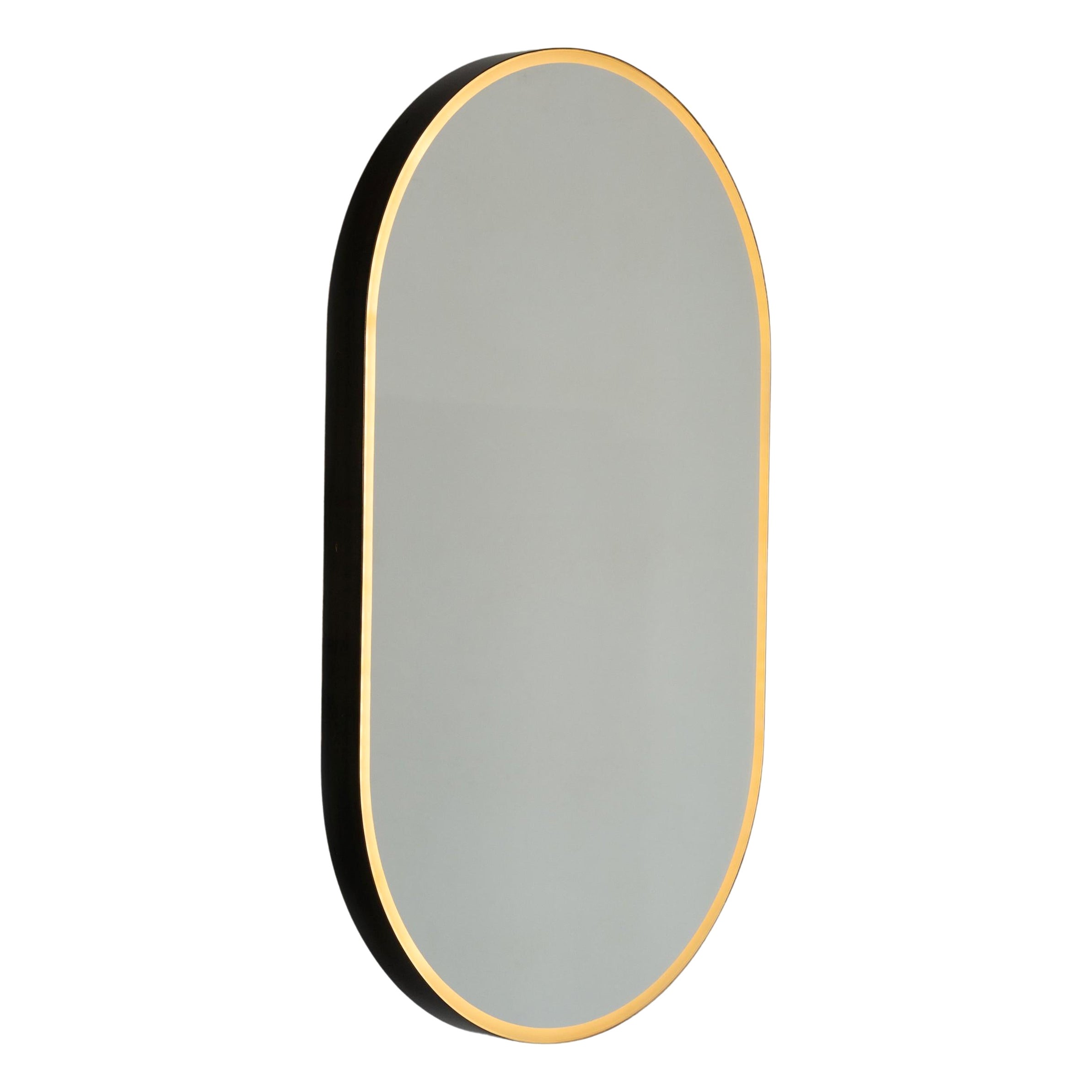 Capsula Illuminated Pill Shaped Modern Mirror with Bronze Patina Frame, Small For Sale