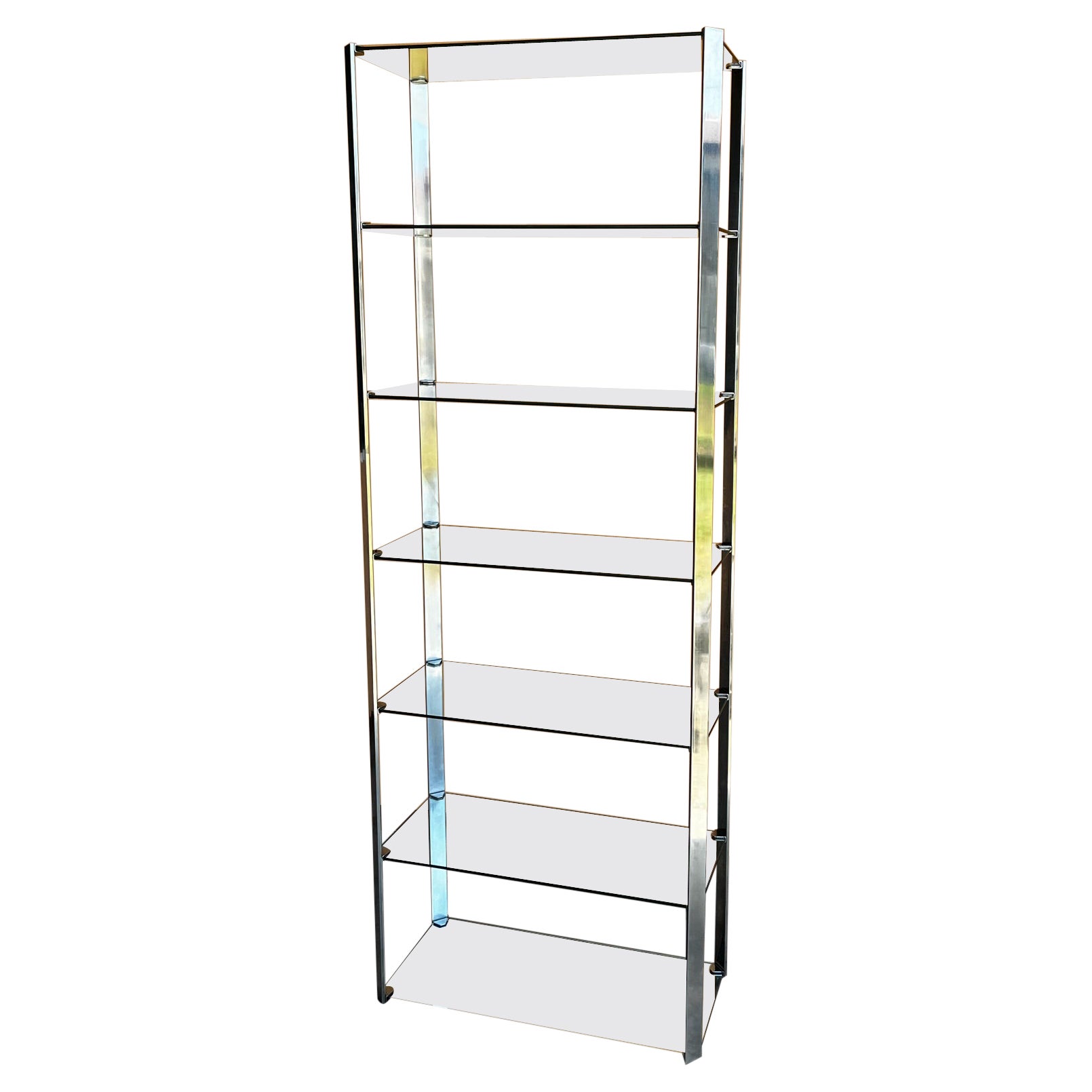 1970s Willy Rizzo Steel Glass and Mirror Shelves Cdue Production Bookcase For Sale