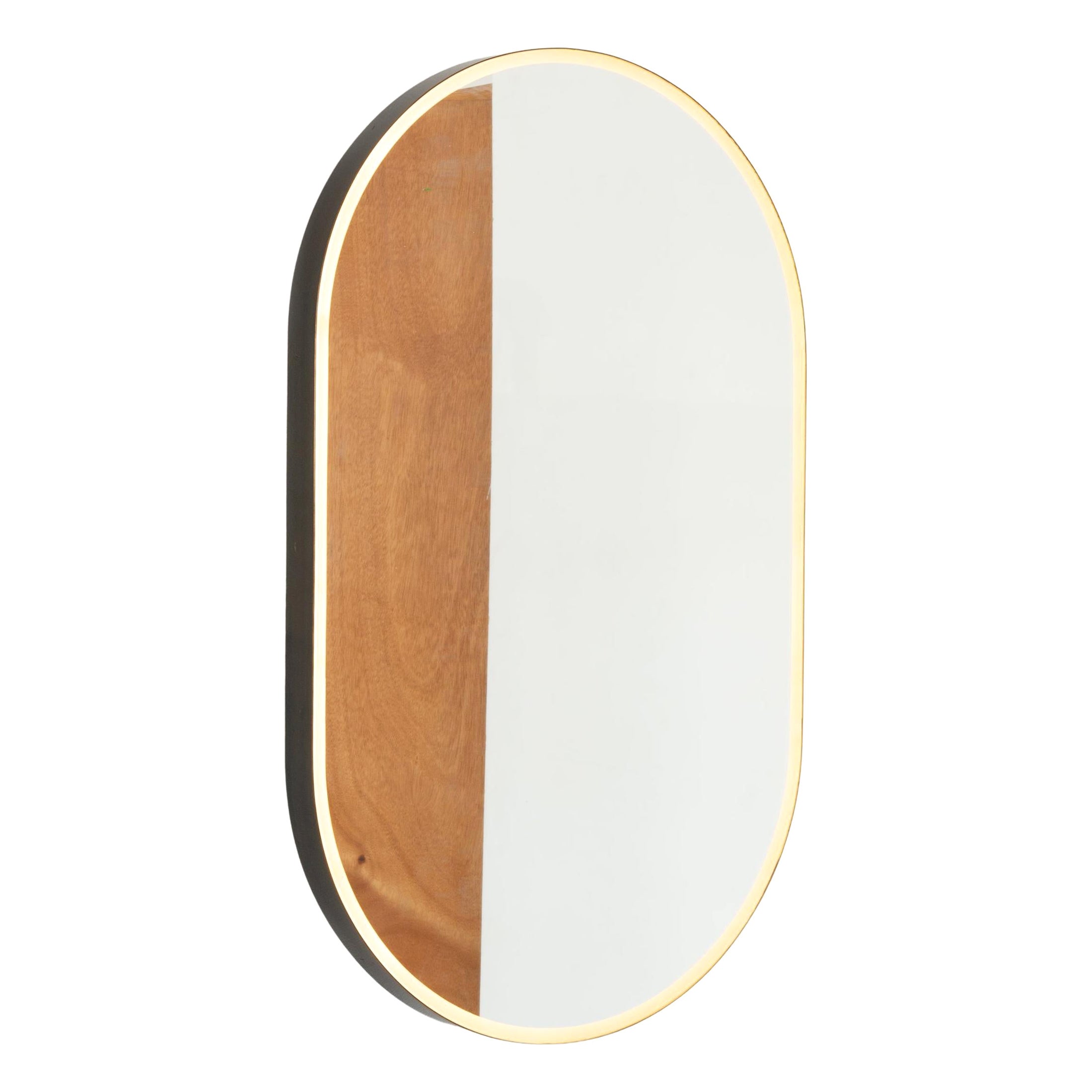 Capsula Illuminated Pill Shaped Mirror with Bronze Patina Frame, Medium For Sale