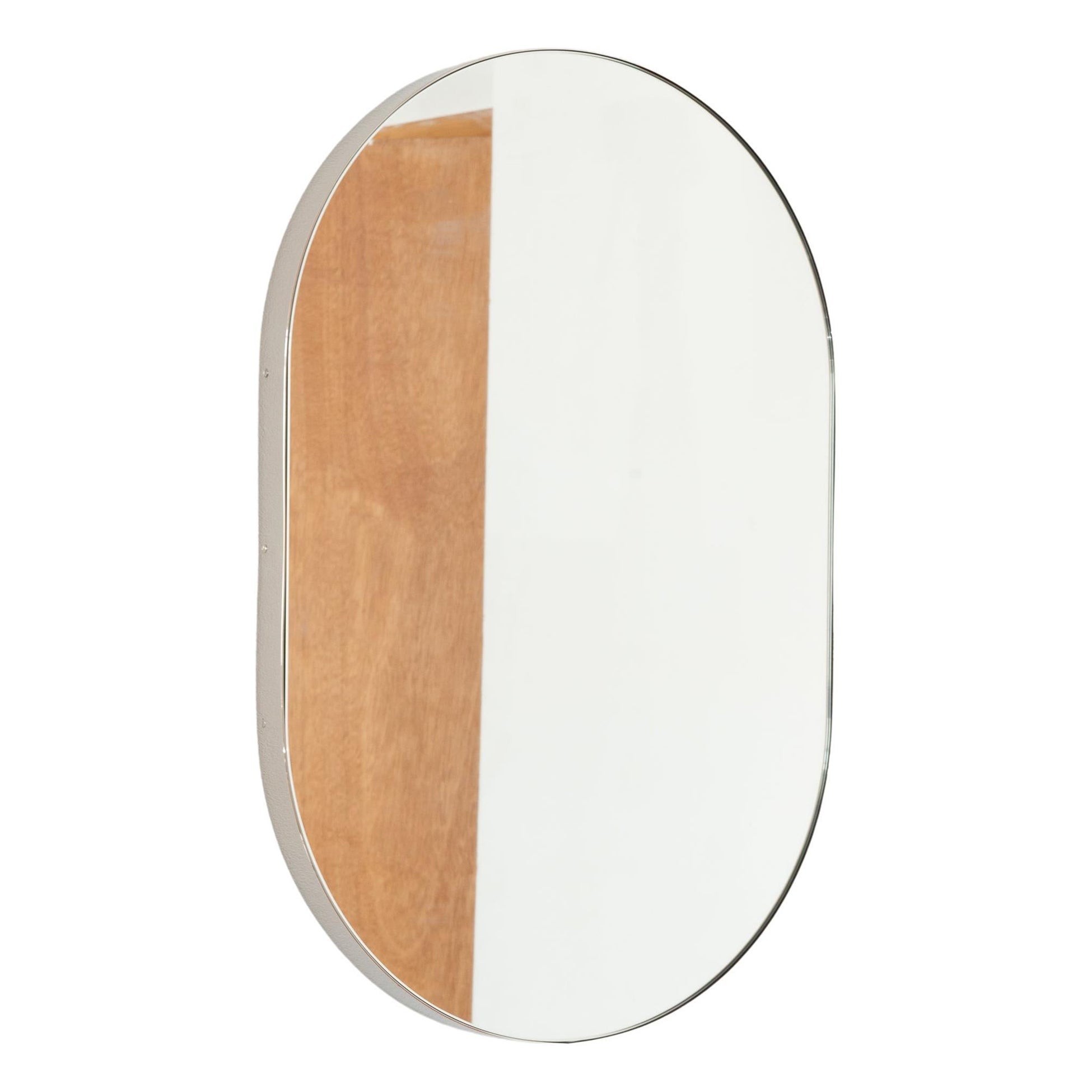 Capsula Pill Shaped Modern Bathroom Mirror with Nickel Plated Frame, XL For Sale