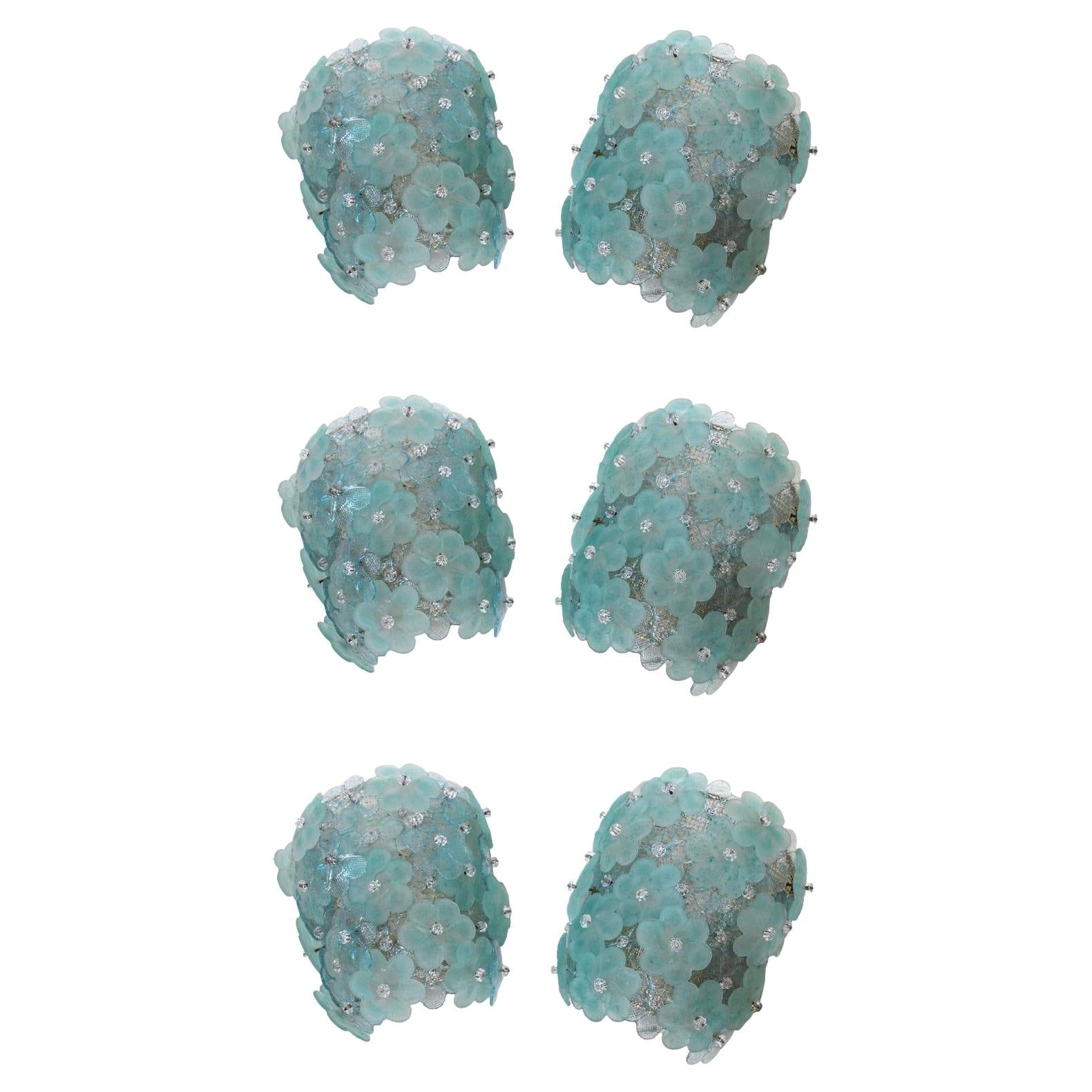 Mid Century Blue Tiffany Colored Murano Glass Set of Six Italian Sconces For Sale