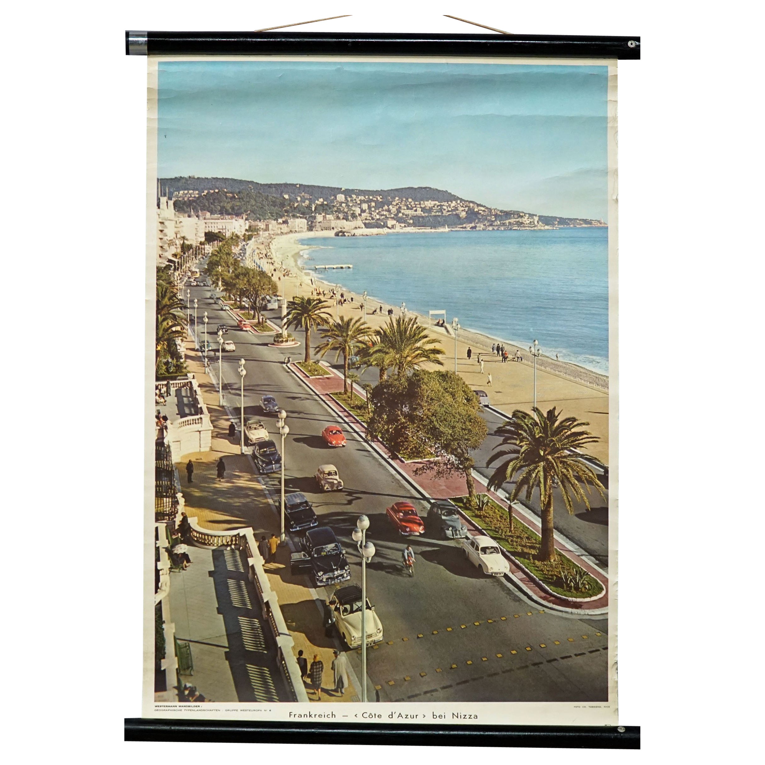 Cote d Azur near Nice France Maritime Waterfront Wall Chart 1970s Car Poster