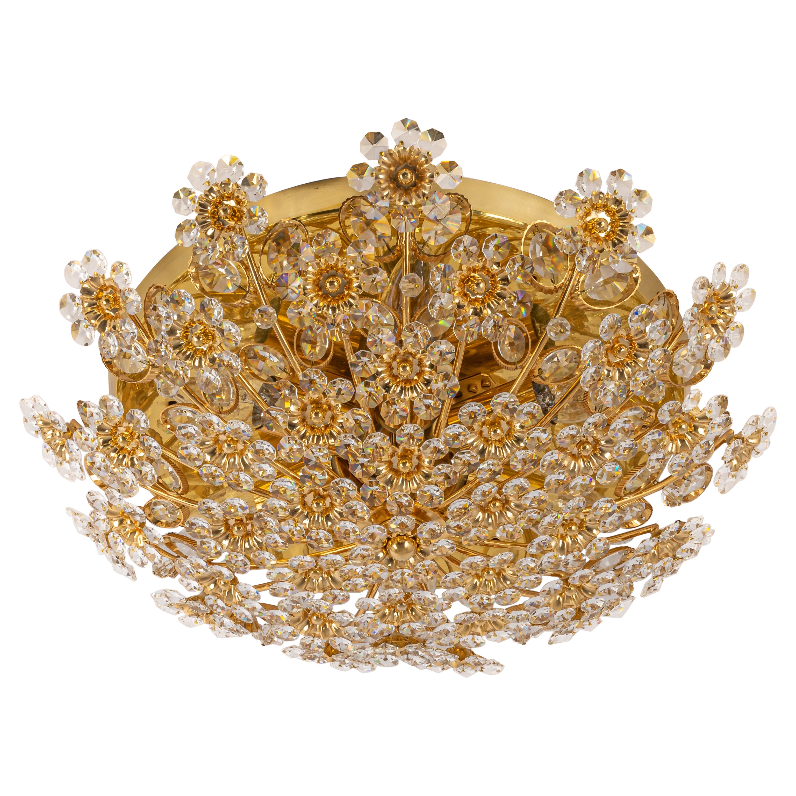 Petite Delicate Gilt Brass Cut-Glass Flower Flush Mount by Palwa, Germany, 1970s For Sale