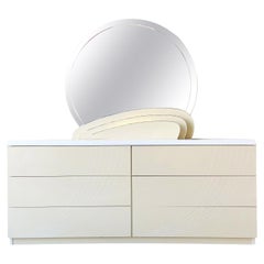 1980s Postmodern Cream Lacquer Dresser with Mirror, Lighting and Gold Trim