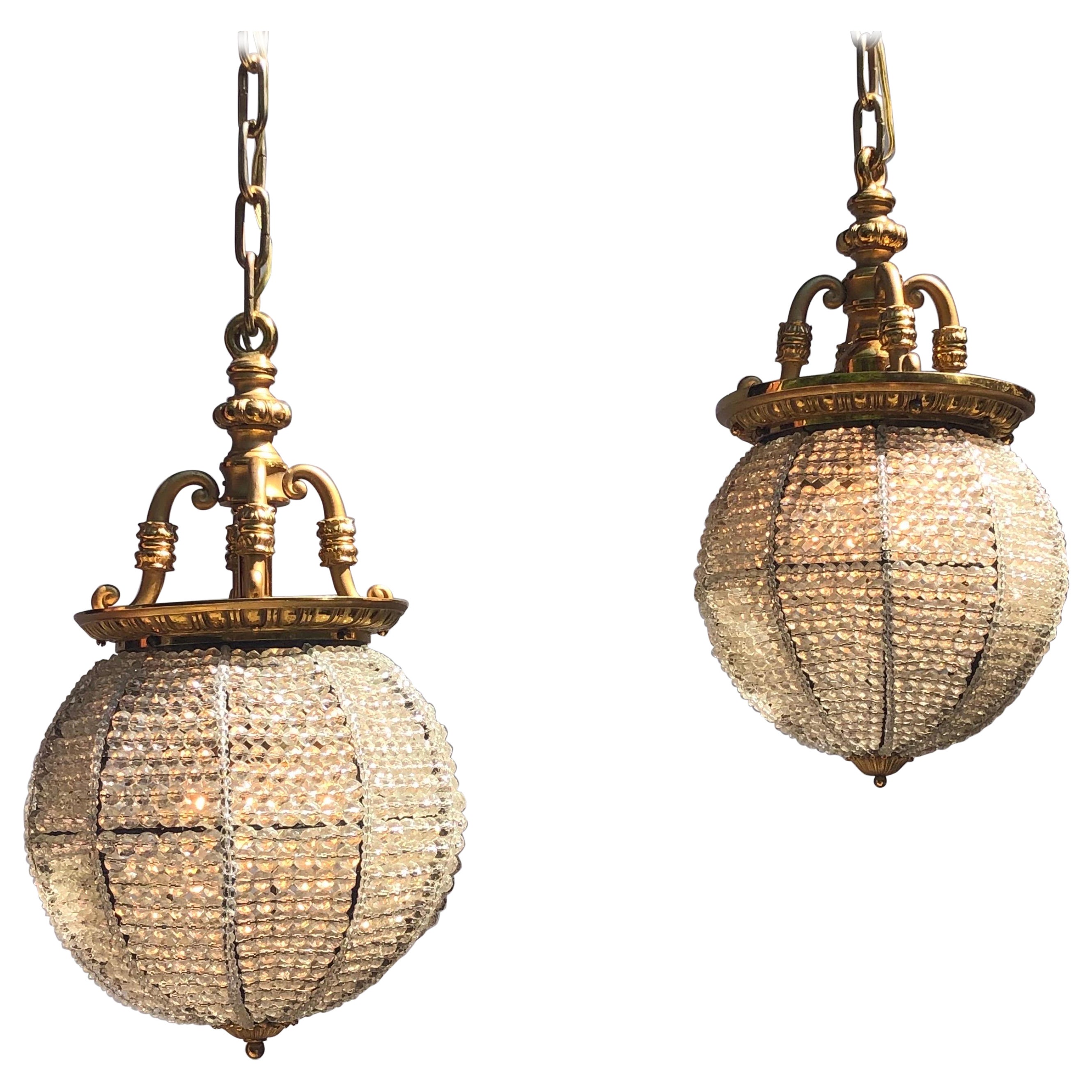 Pair Belle Epoque Bronze & Beaded Crystal Sphere Chandeliers / Pendants For Sale