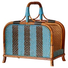 Vintage Rattan Magazine Rack with Blue Black Details, France, Early 20th Century