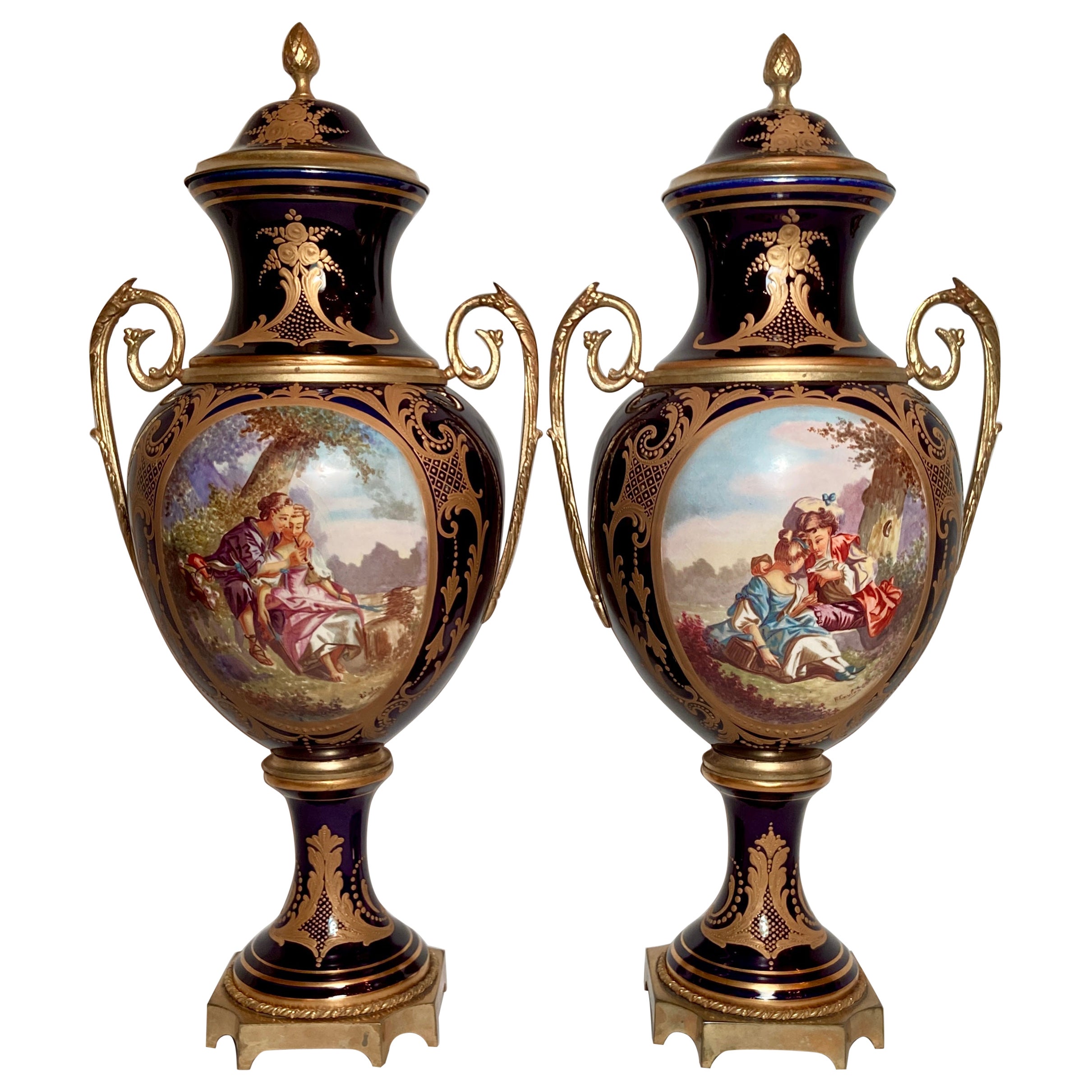 Pair Antique French Napoleon III Sèvres Porcelain & Gold Bronze Urns Circa 1890s For Sale