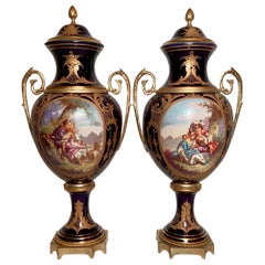 Pair Antique French Napoleon III Sèvres Porcelain & Gold Bronze Urns Circa 1890s