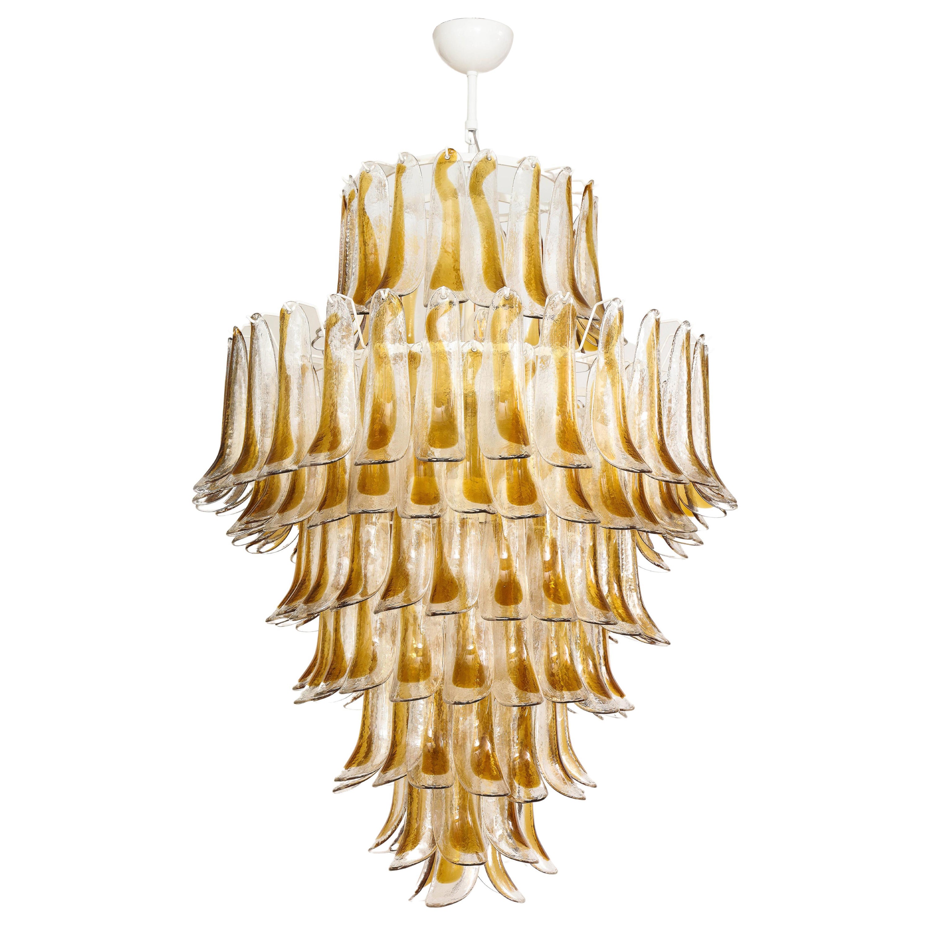 Sculptural Clear and Amber Murano Glass Petals or "Selle" Drop Chandelier, Italy