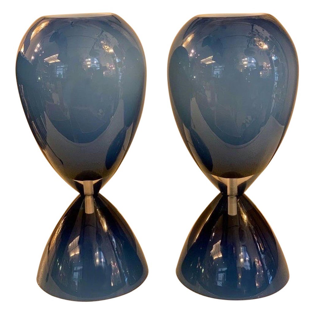 Pair of Blue Overlay Blown "Incamiciato" Glass Murano Glass Table Lamps, 1950s