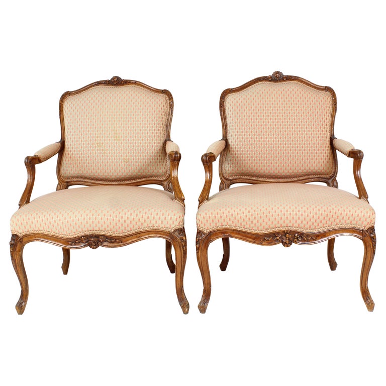 18th Century Pair of Louis XV Carved Walnut Armchairs, Stamped ...