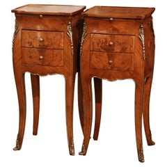 Pair of Early 20th Century Louis XV Marquetry and Bronze Bedside Nightstands 