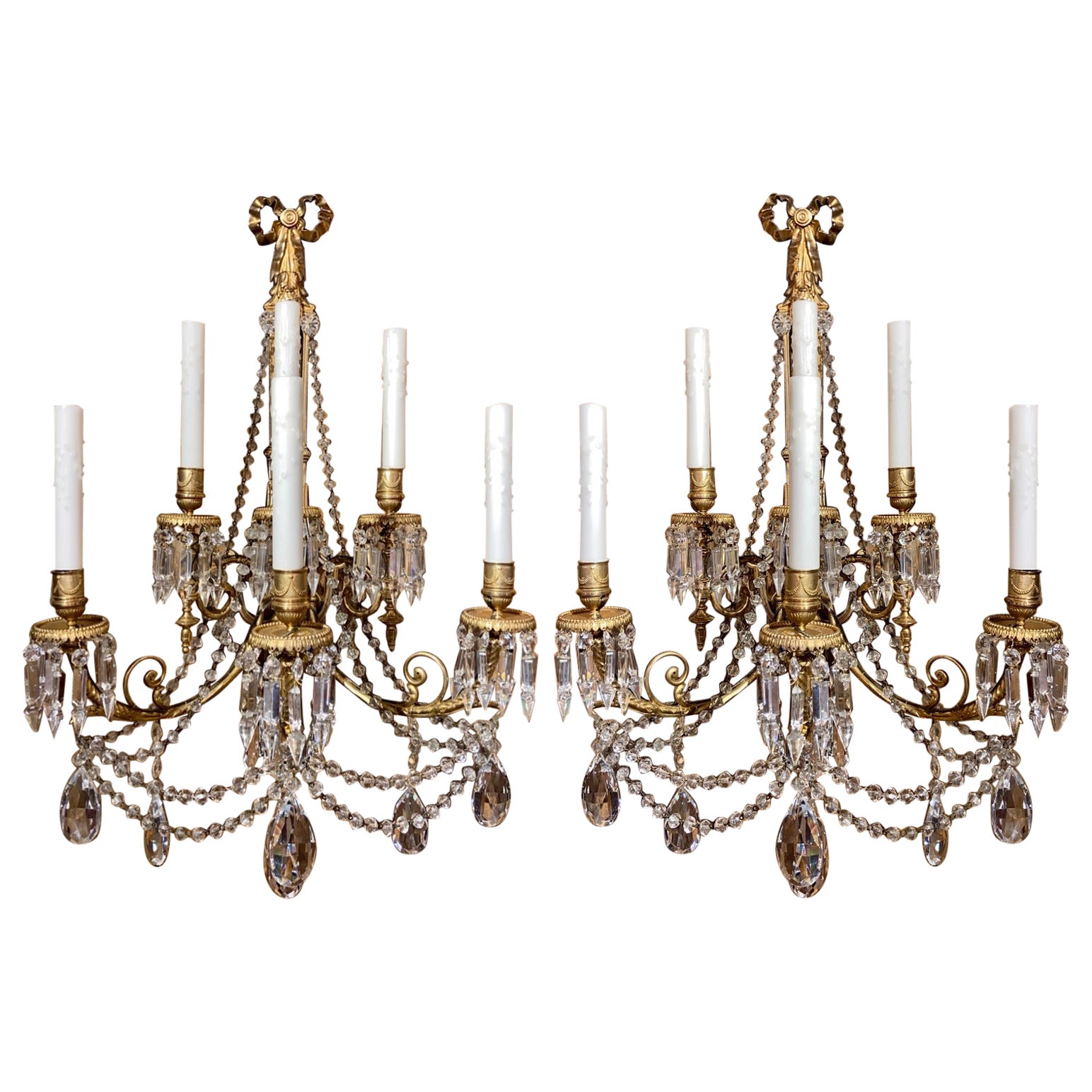 Pair Antique French Louis XVI Cut Crystal and Ormolu Sconces, Circa 1885 For Sale