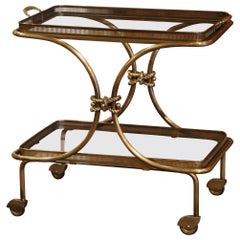 Retro Mid-Century French Bagues Style Brass Bar Cart on Wheels with Removable Tray