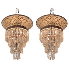 Pair of French Bronze and Crystal Flush Mount Bagues Style Chandeliers