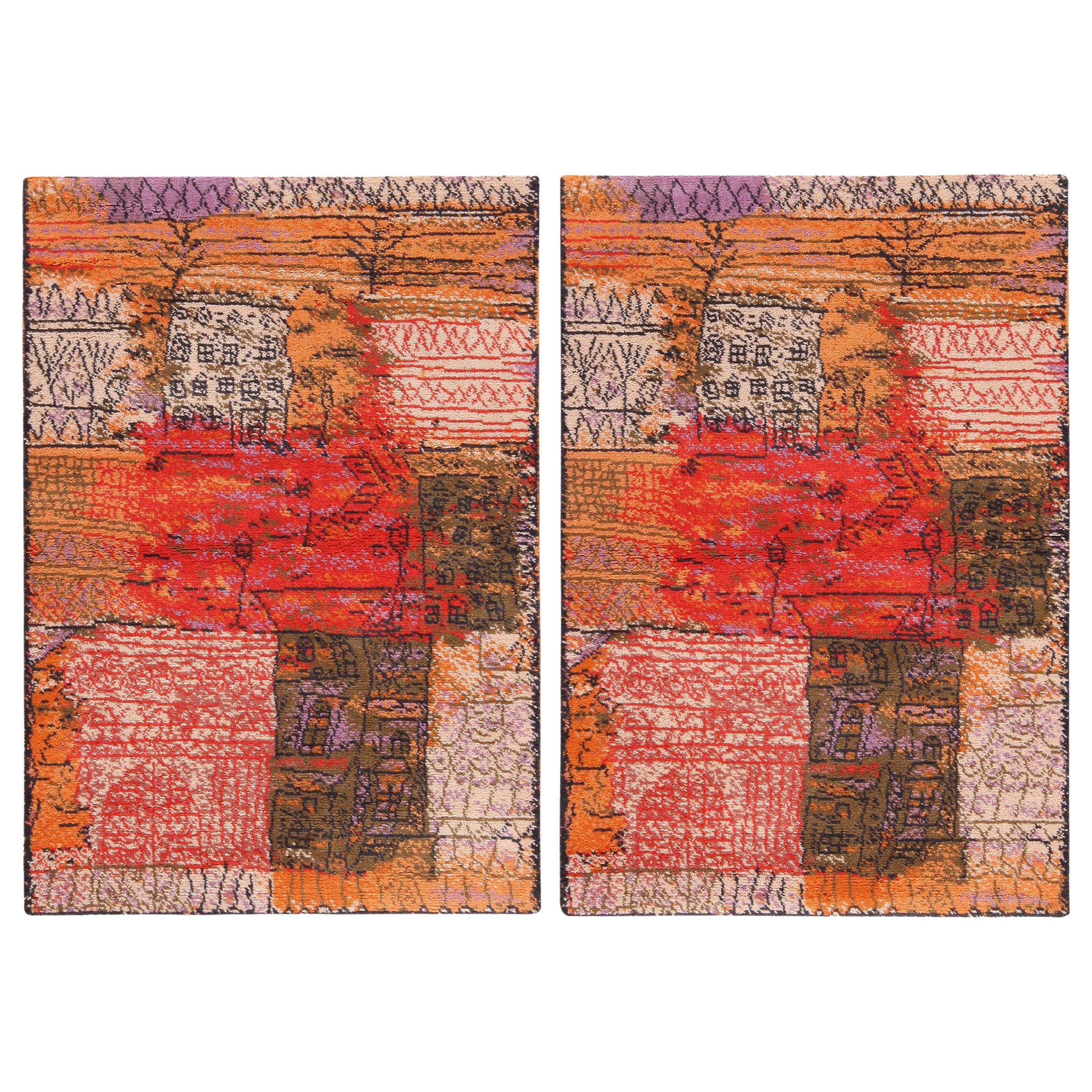 Nazmiyal Collection Pair Of Vintage Paul Klee Scandinavian Rugs. 2 ft 8 in x 4ft