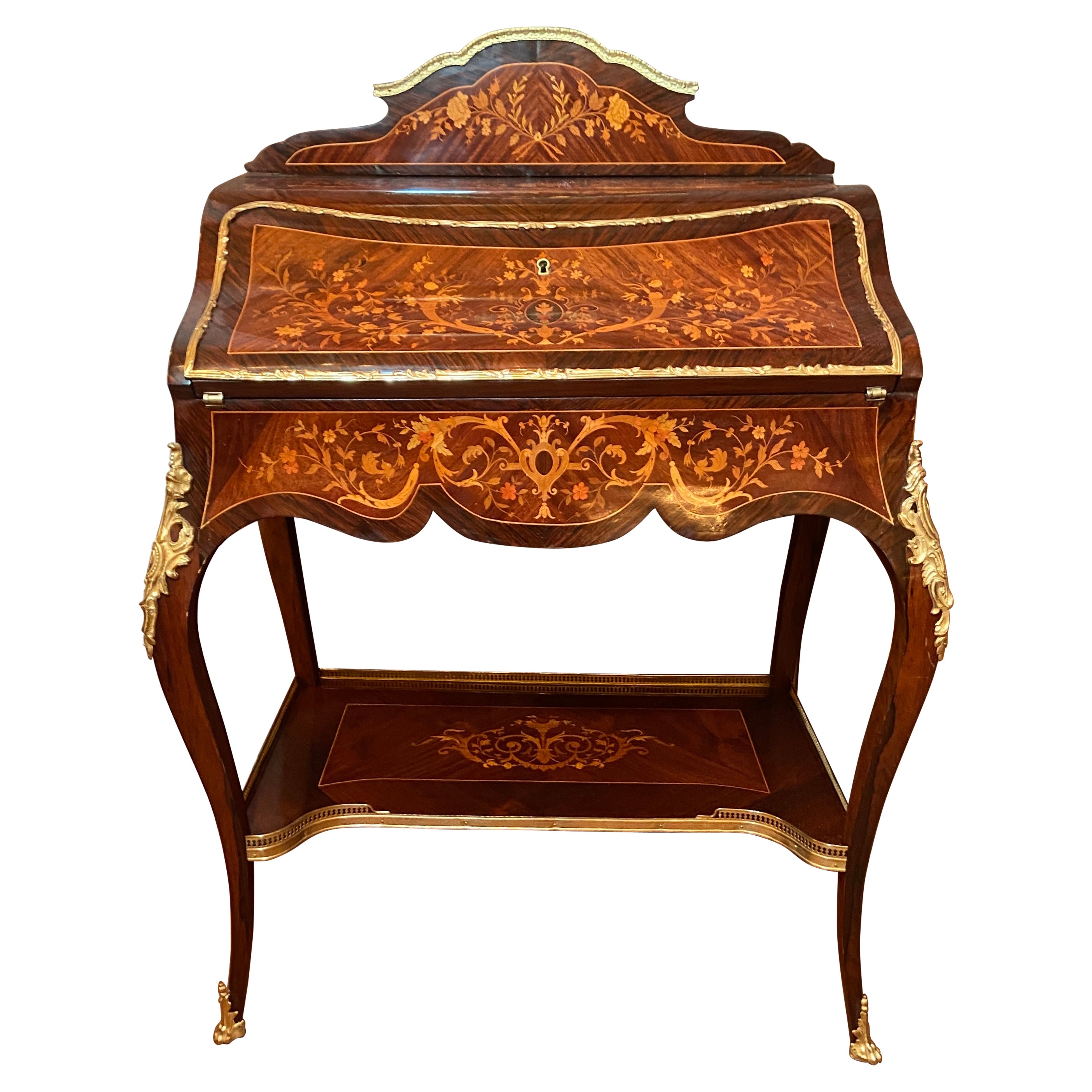 Antique French Ormolu Mounted Kingwood & Inlay Slant-Front Writing Desk Ca. 1880 For Sale