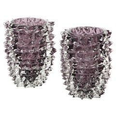 Pair of Aubergine Purple Rostrato Murano Glass Vases by Toso, Italy, Signed