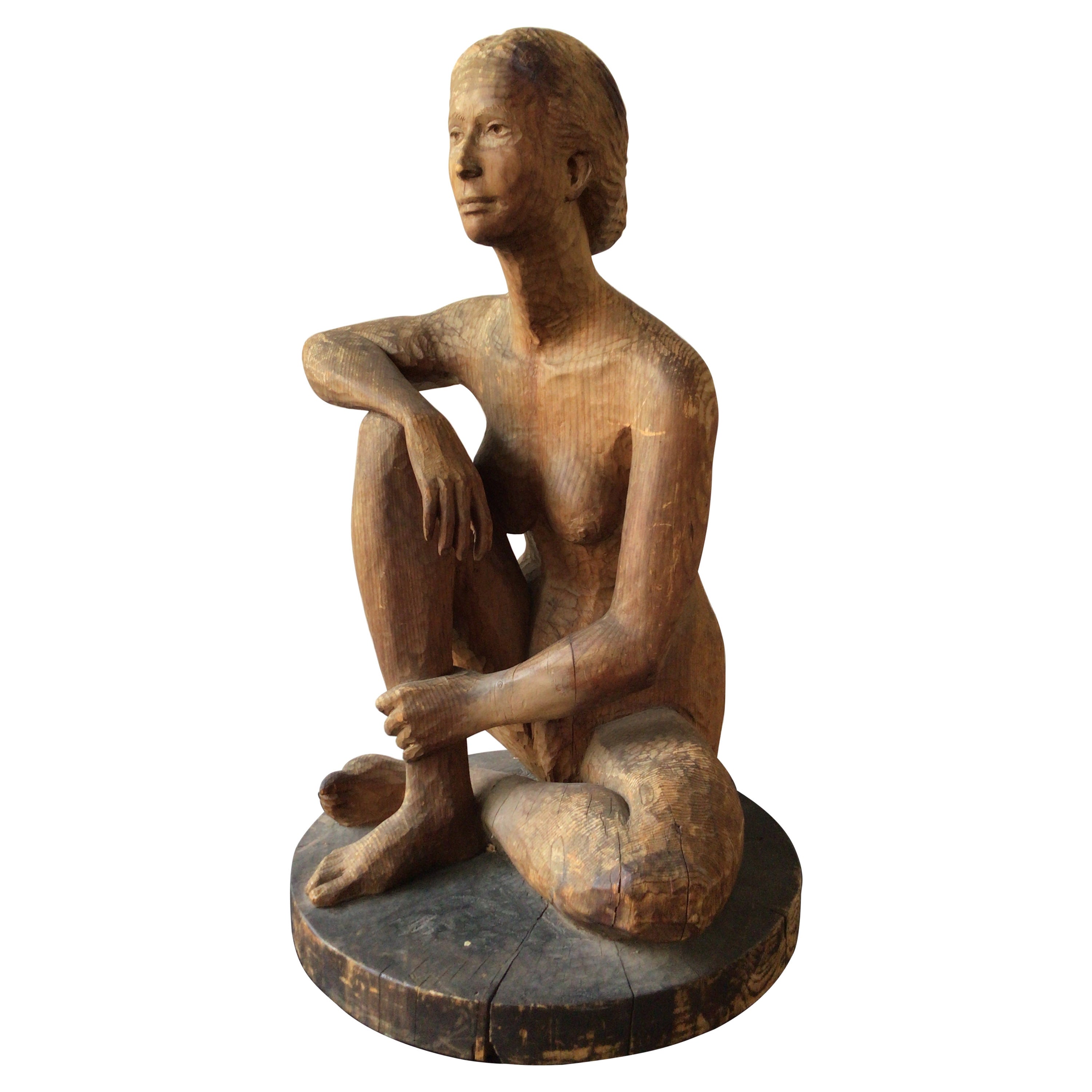 Large 1950s Carved Wood Female Nude Sculpture