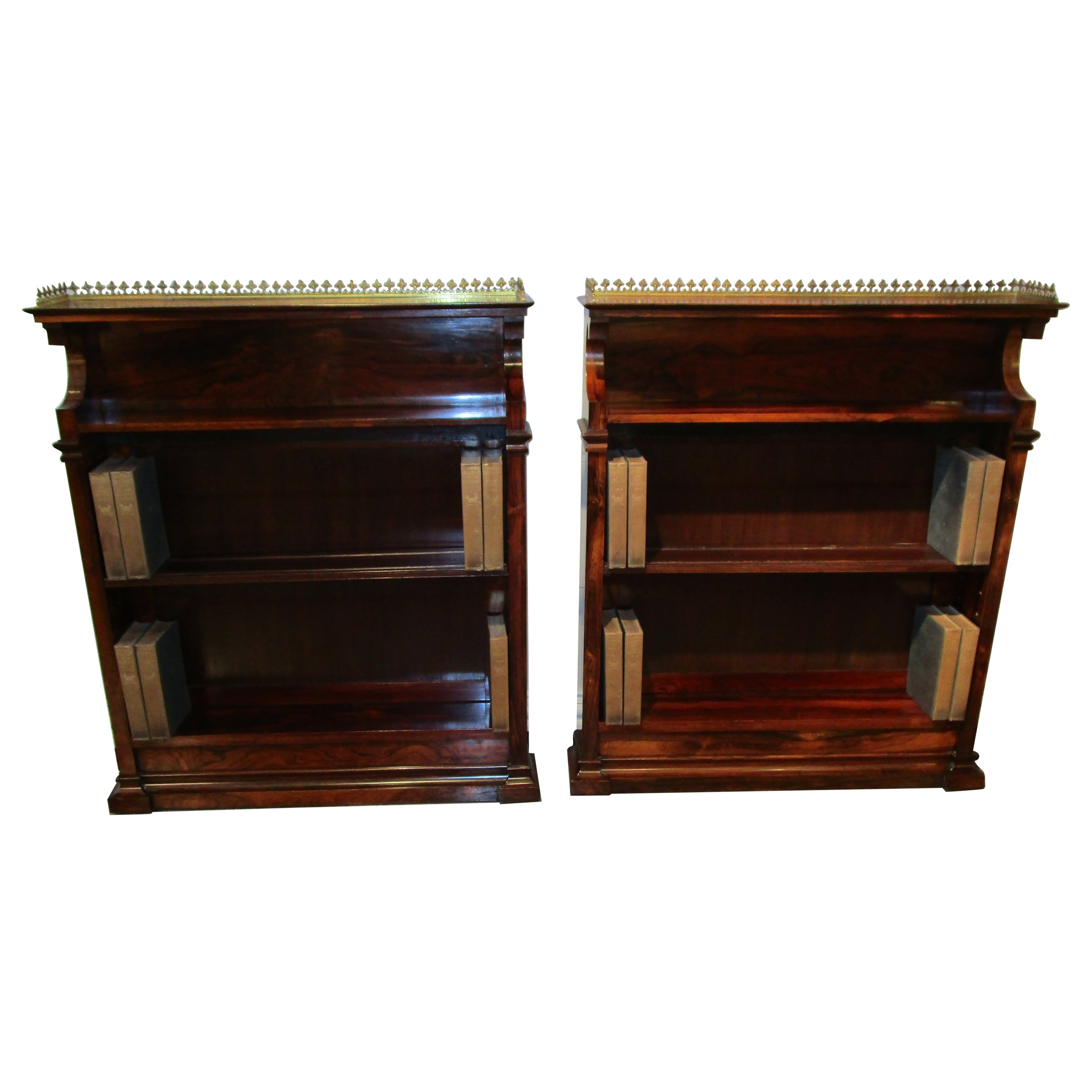 Fine Pair of 19th Century Regency Rosewood Bookcases with Gilt Brass Railings