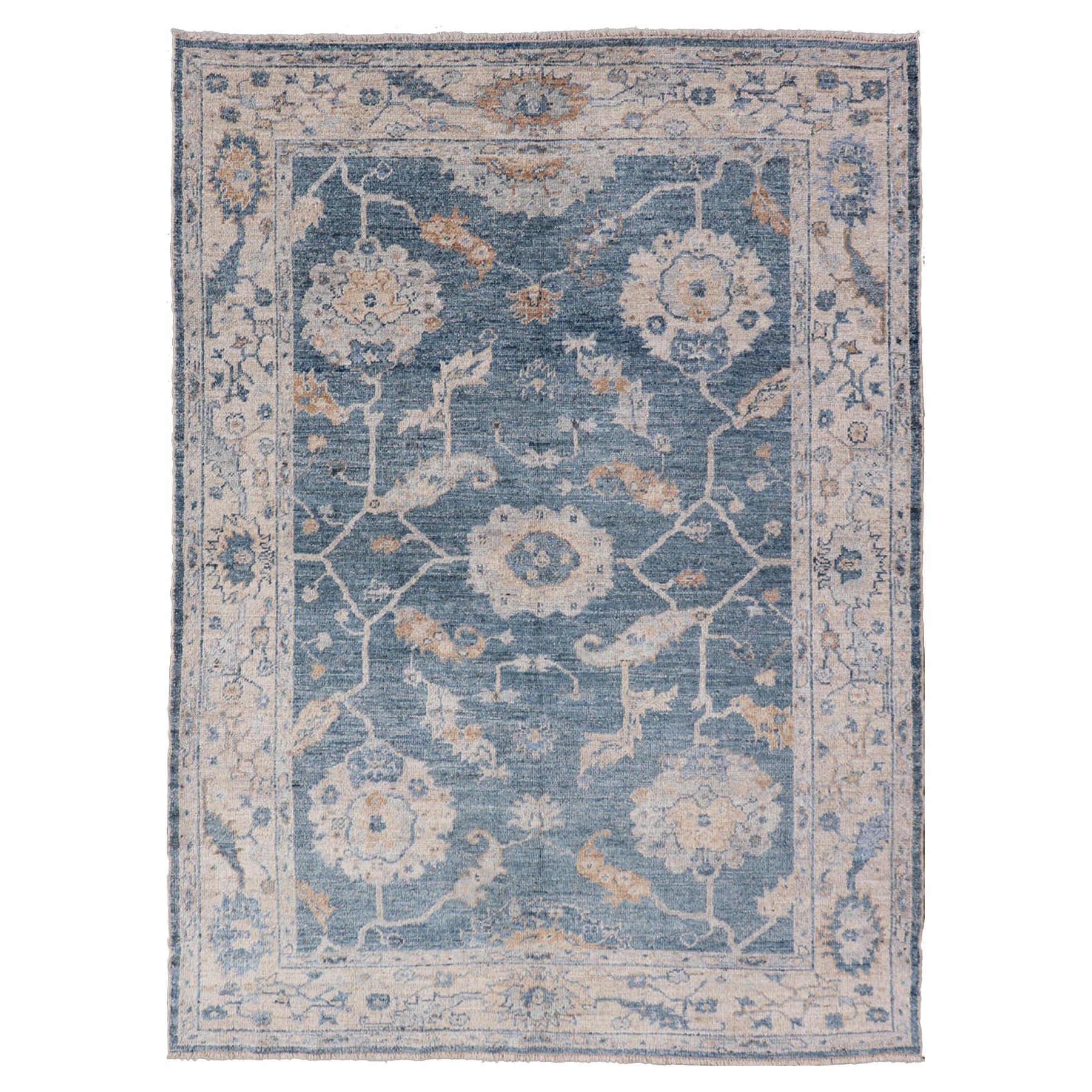 Angora Turkish Oushak Floral Design in Blue, Creams and Mocha Colors