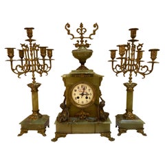 Three Piece Green Onyx Clock and Garniture Candelabra Set, France 1890