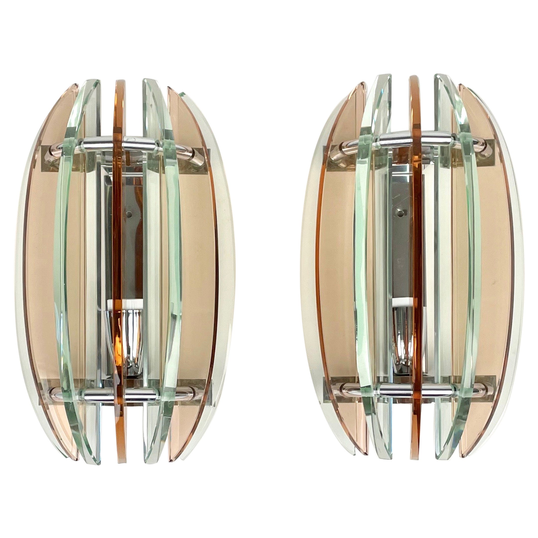 Pair of Wall Sconces in Colored Glass and Chrome by Veca, Italy, 1970s For Sale