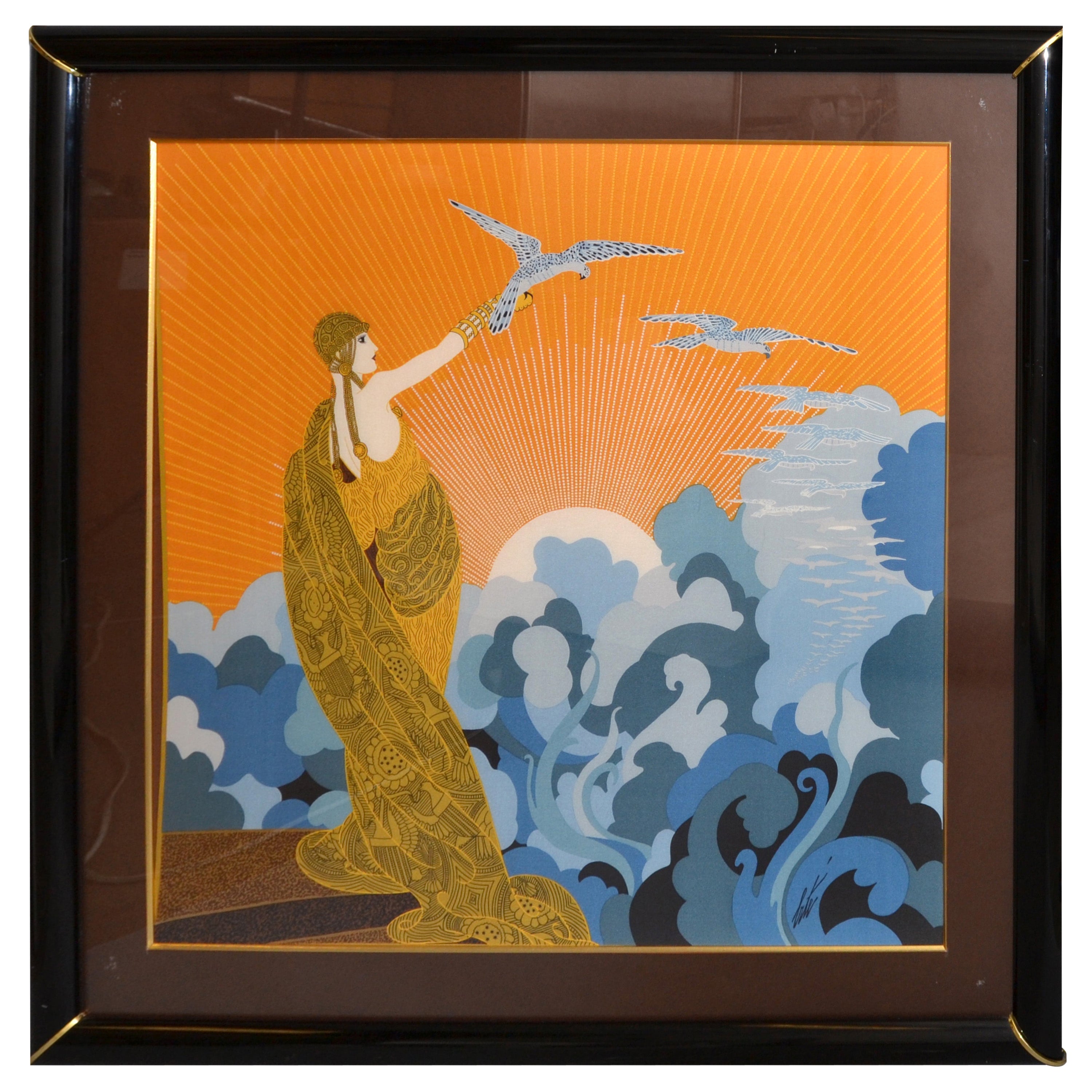 Romain de Tirtoff 'Erté' Wings of Victory Art Deco Framed Silk Scarf Wall Art For Sale