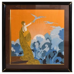Used Romain de Tirtoff 'Erté' Wings of Victory Art Deco Framed Silk Scarf Wall Art