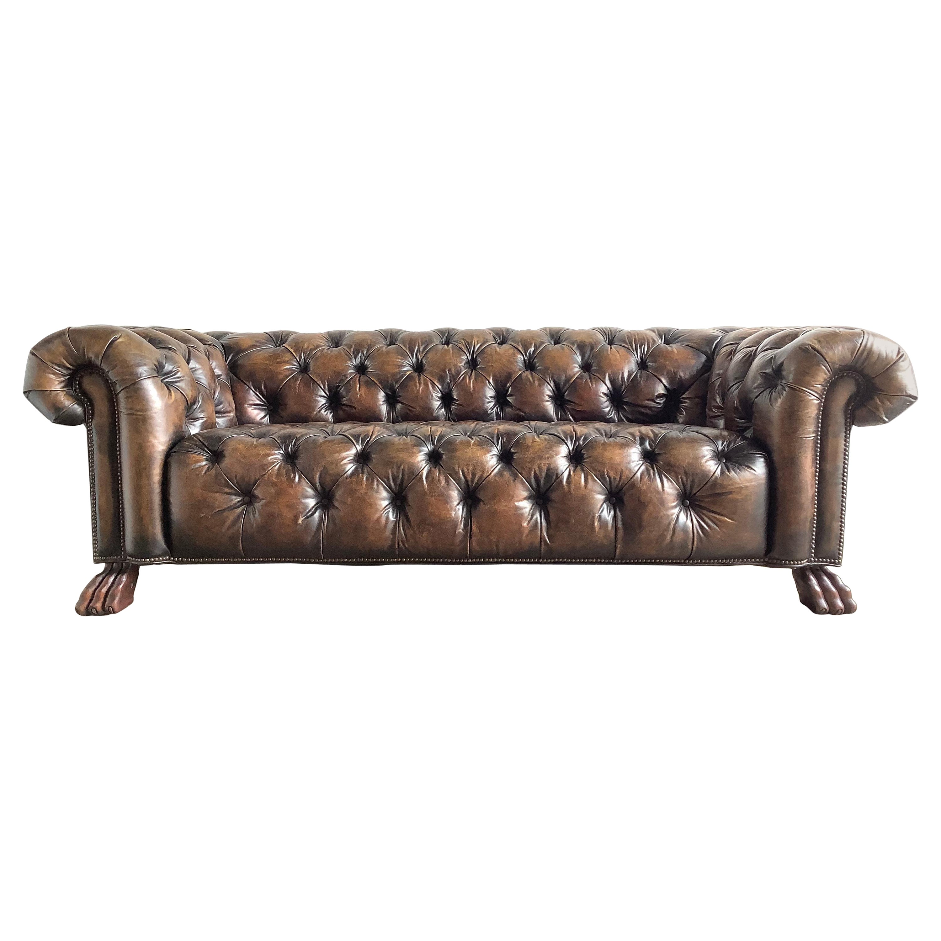 1930’s English Leather Chesterfield Style Sofa with Lion’s Paw Feet at