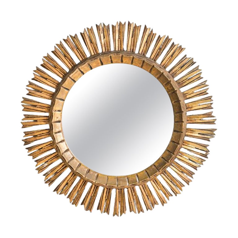 Round Gold Gilt Wood Frame Mirror, Spain, 1950s