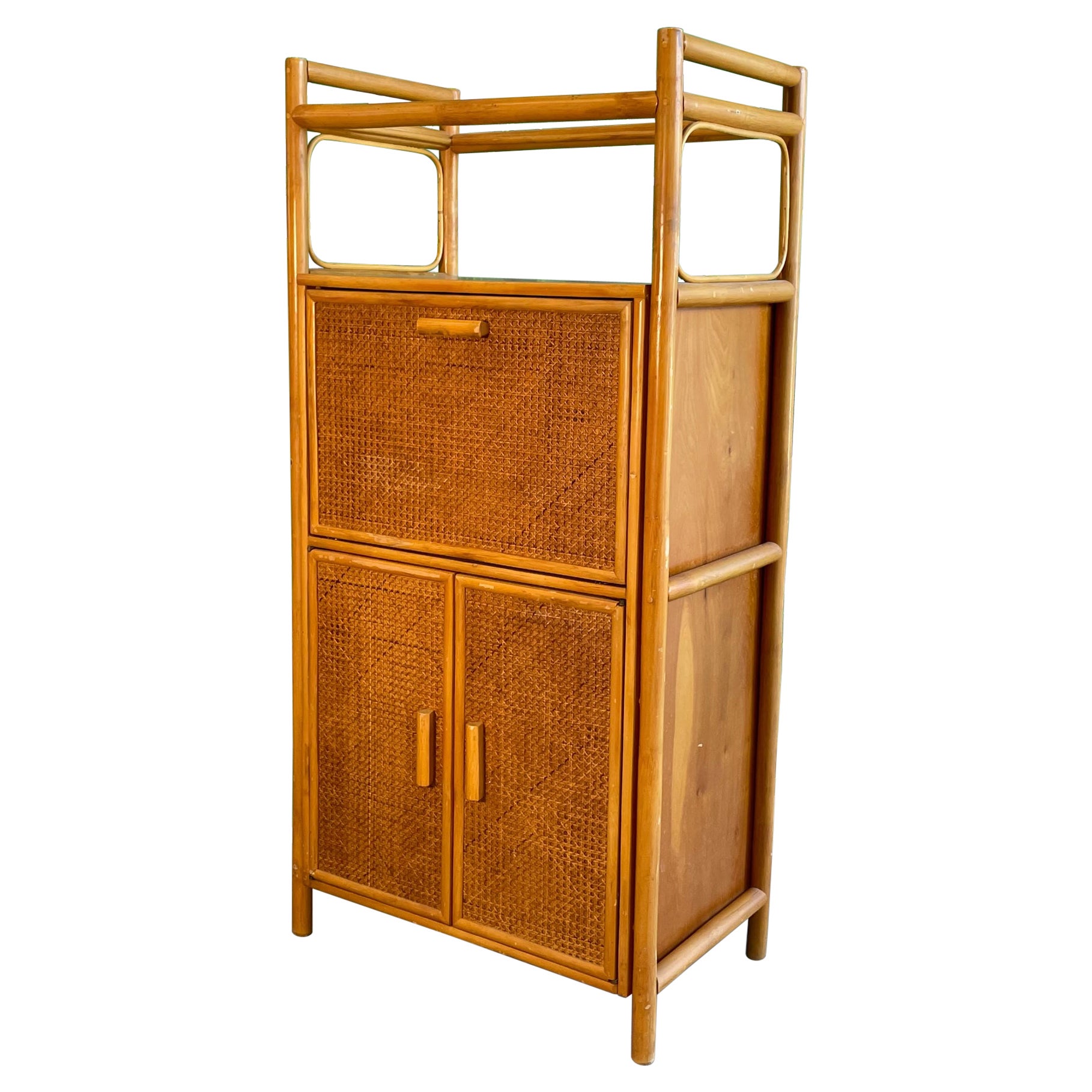 Rattan and Cane Drop Leaf Lighted Bar Cabinet