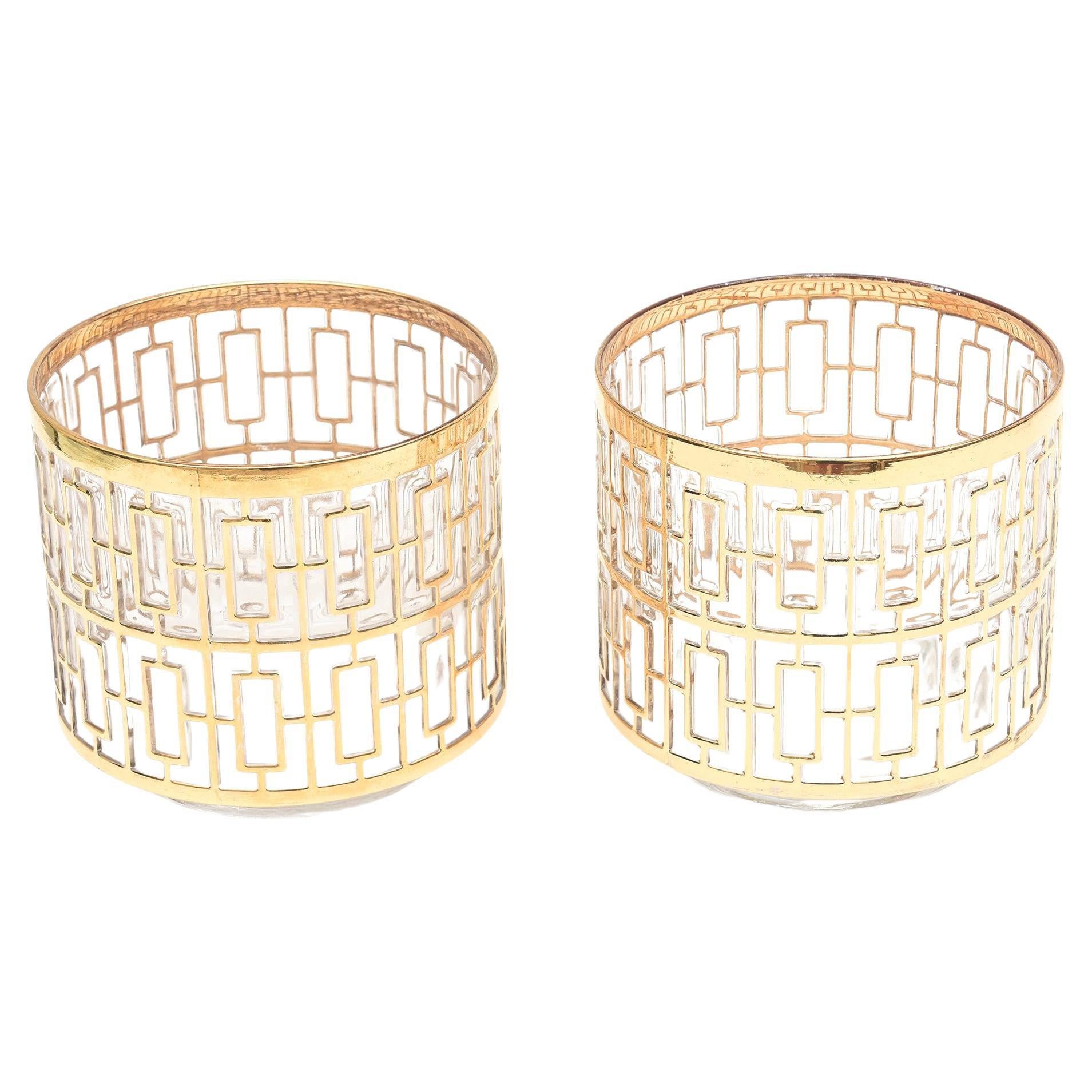 22 Carat Gold Overlay Imperial Glass Shoji Screen Ice Buckets Barware Pair of