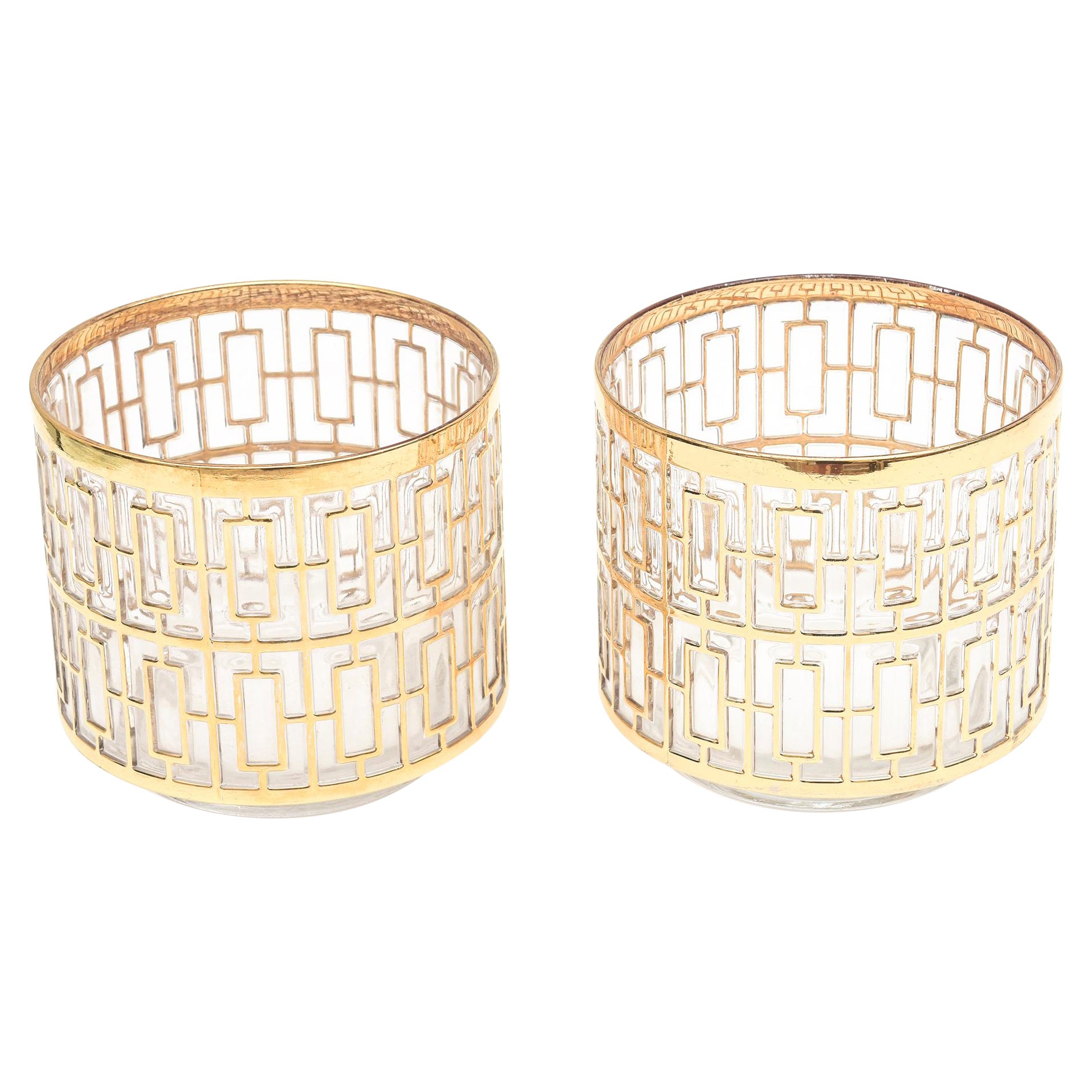 Pareja De Cubiteras De Cristal Imperial Vintage Shoji Screen Oro De 22 Quilates