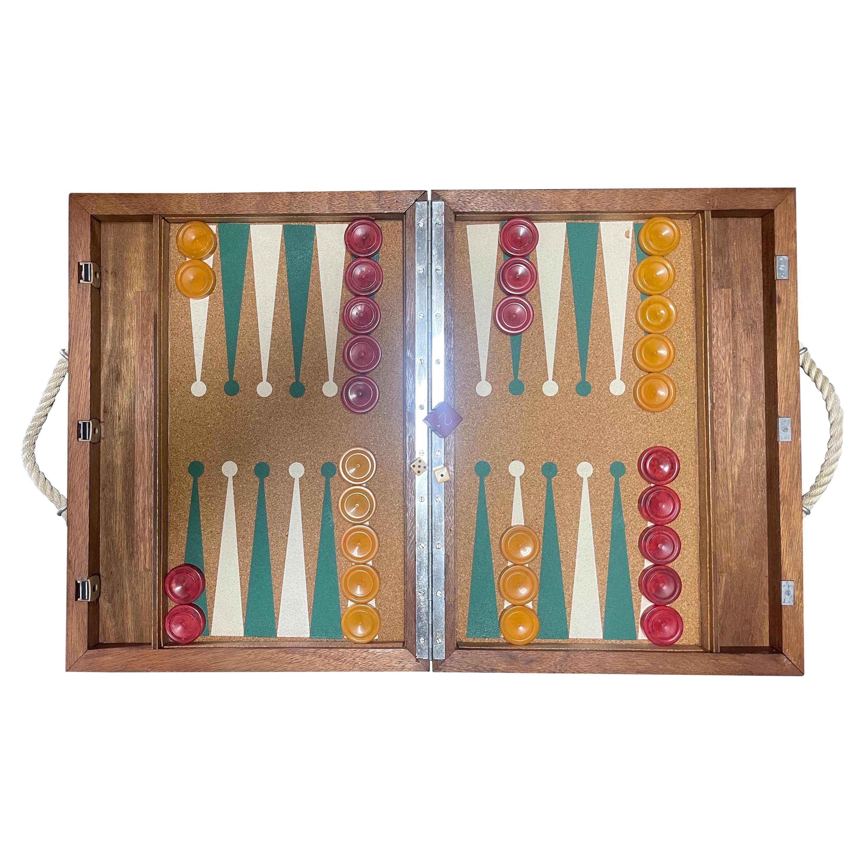 Vintage Art Deco Cork & Bakelite Backgammon Set For Sale