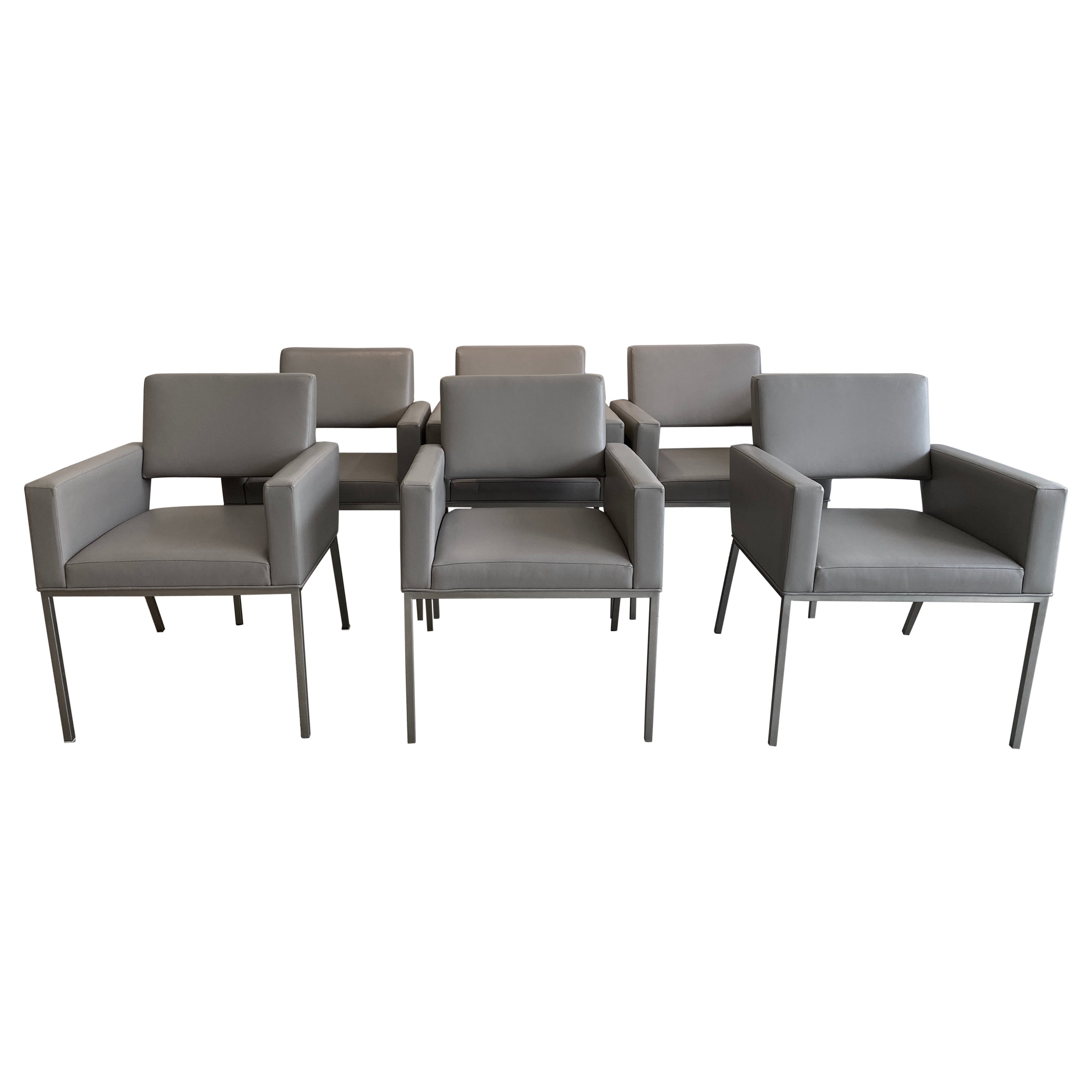 Set of Six Brueton Grey Leather Arm Chairs
