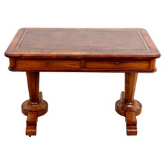 Antique French Desk with Leather Embossed Top with Two Drawers on Casters