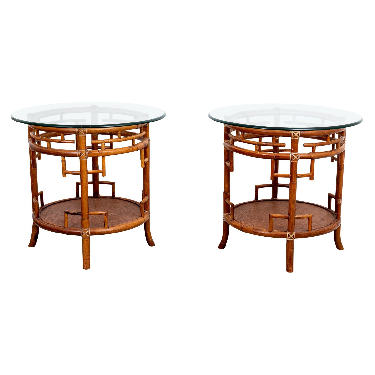 Pair of Rattan Chippendale Style Round Tables with Glass Tops