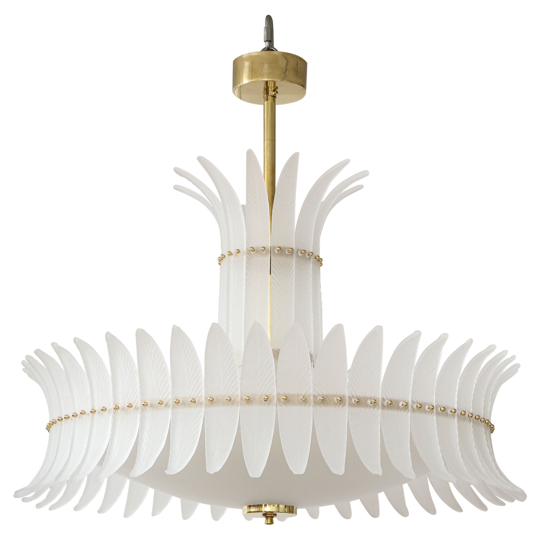 White Frosted Murano Glass "Piume" or Feathers Chandelier with Brass, Italy 2022